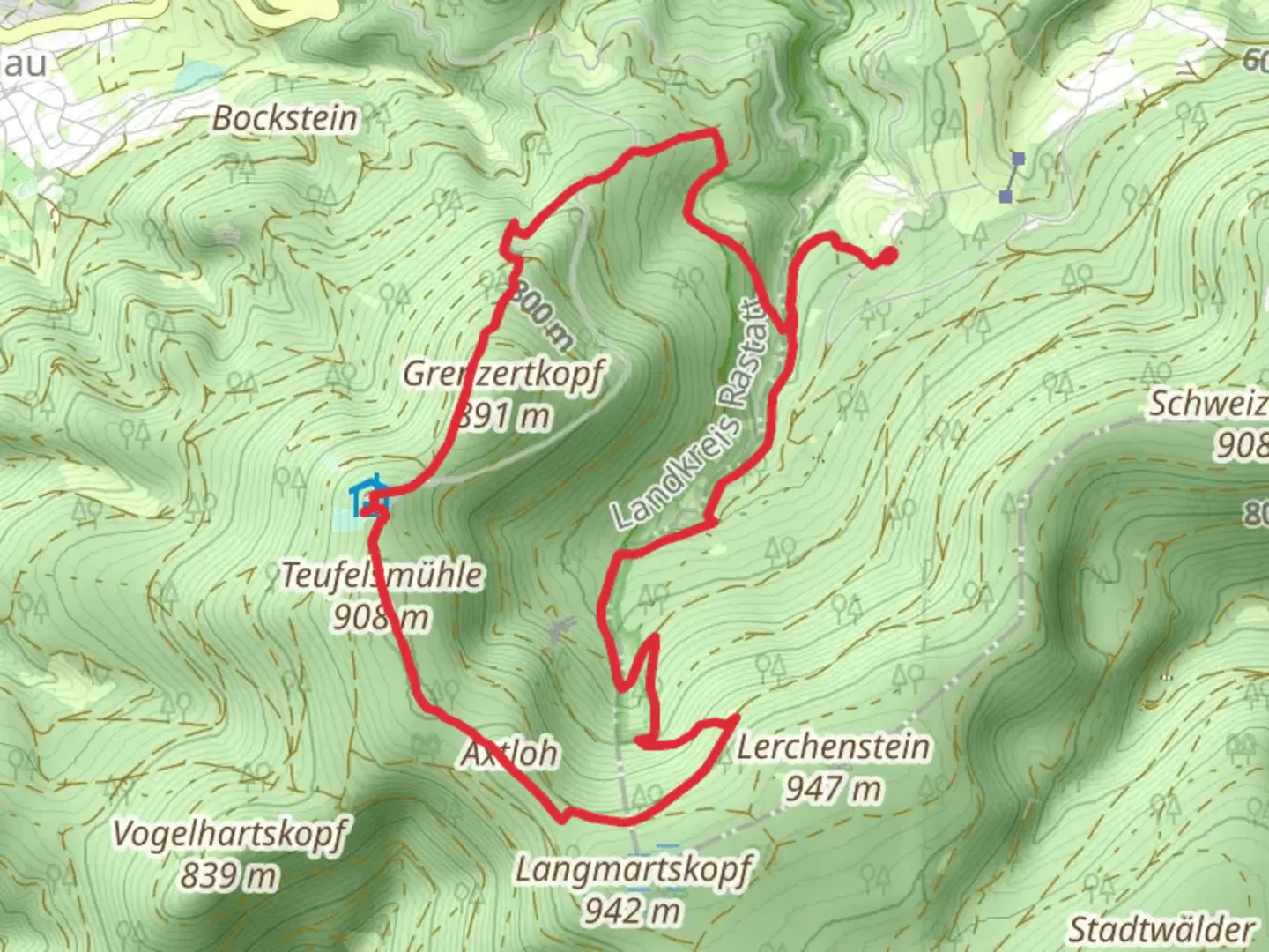 An image depicting the trail Grosses Loch, Teufelskammer and Teufelsmühle via Albtalweg and its surrounding area.