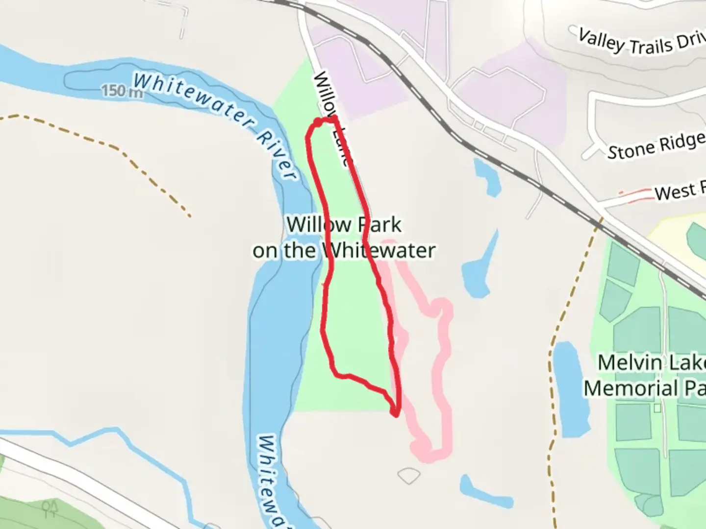 An image depicting the trail Willow Park on the Whitewater Loop and its surrounding area.