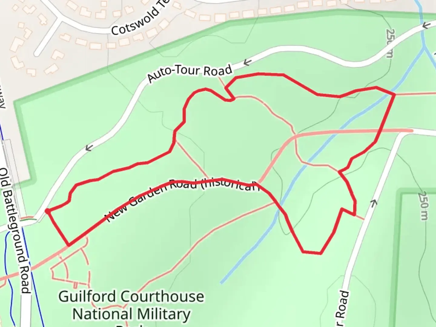 An image depicting the trail Guilford Courthouse National Military Park Loop and its surrounding area.