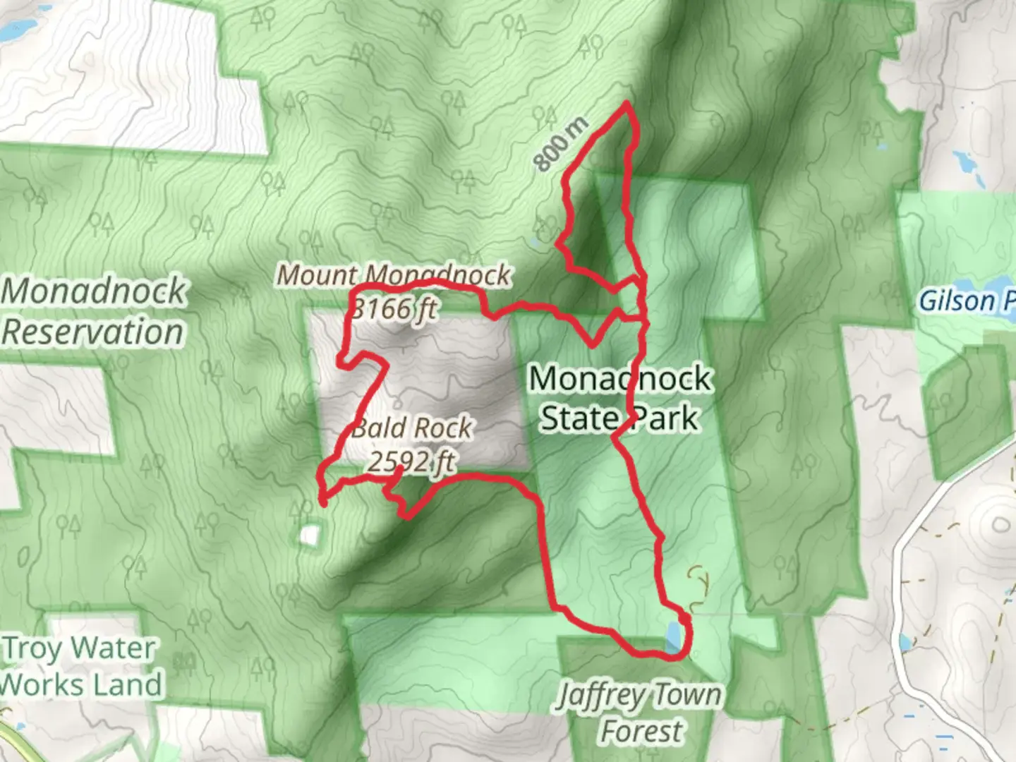 An image depicting the trail Mount Monadnock Loop from Poole Reservoir and its surrounding area.