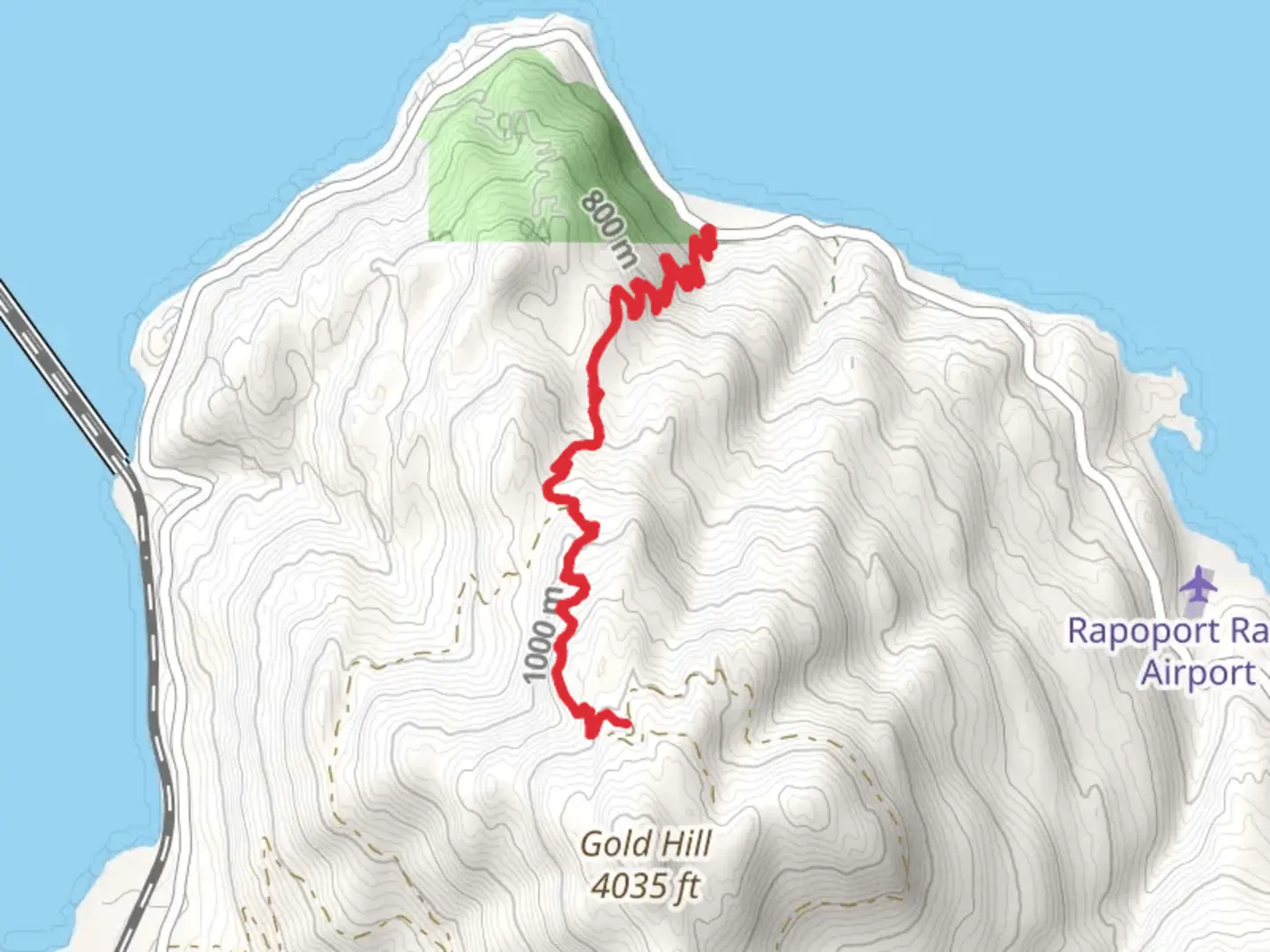 An image depicting the trail Gold Hill from Bottle Bay Road and its surrounding area.