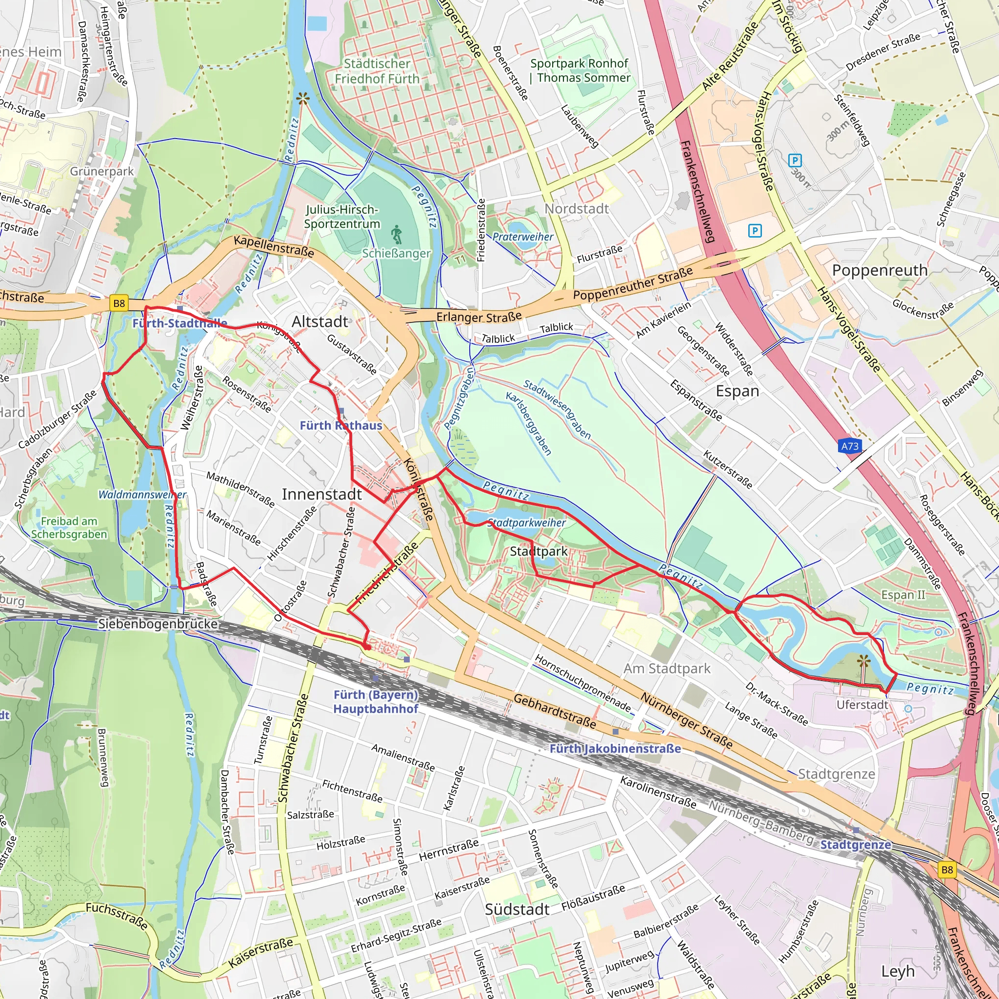 Stadtparkweiher and Pegnitz via Fuerther Heilquellen Weg mobile static map