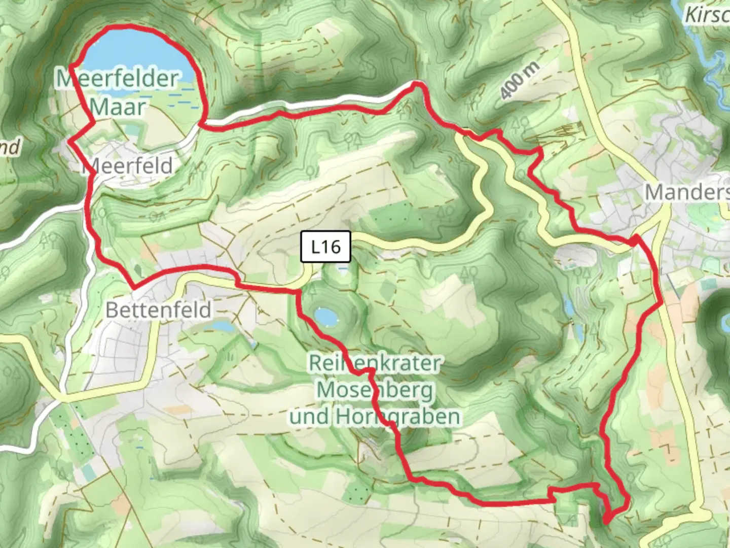 An image depicting the trail Meerfelder Marr and Mosenberg via VulkaMaar Pfad and Kosmosradweg and its surrounding area.