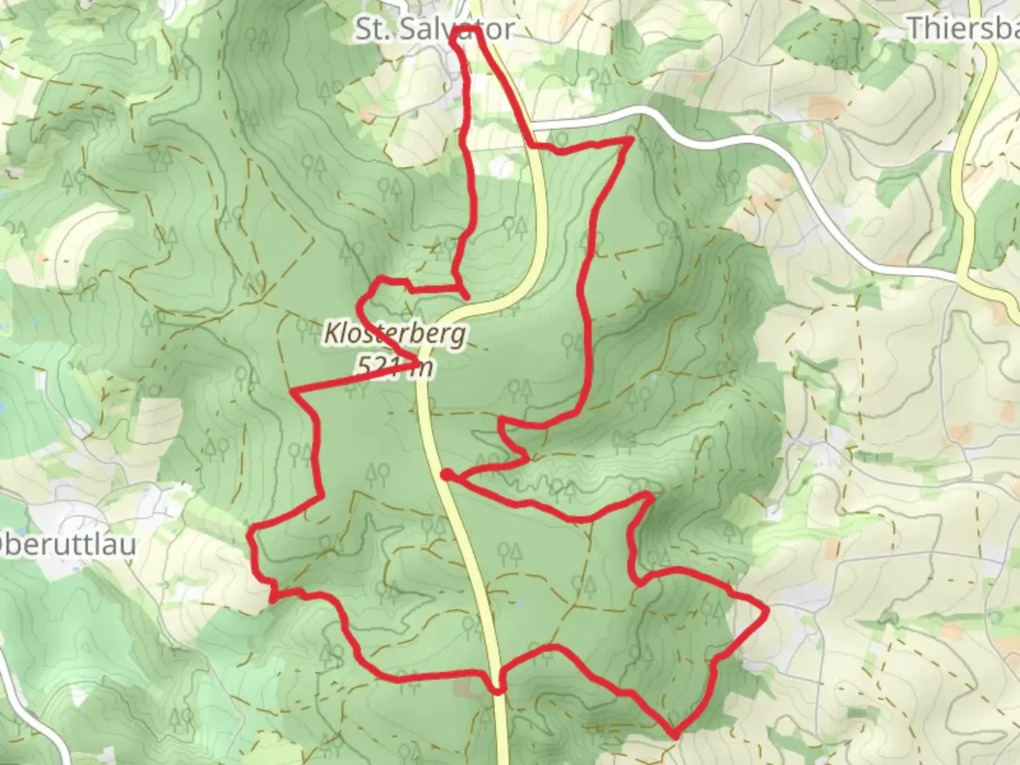 An image depicting the trail Klosterberg and Adelmoertinger Ebene Loop and its surrounding area.