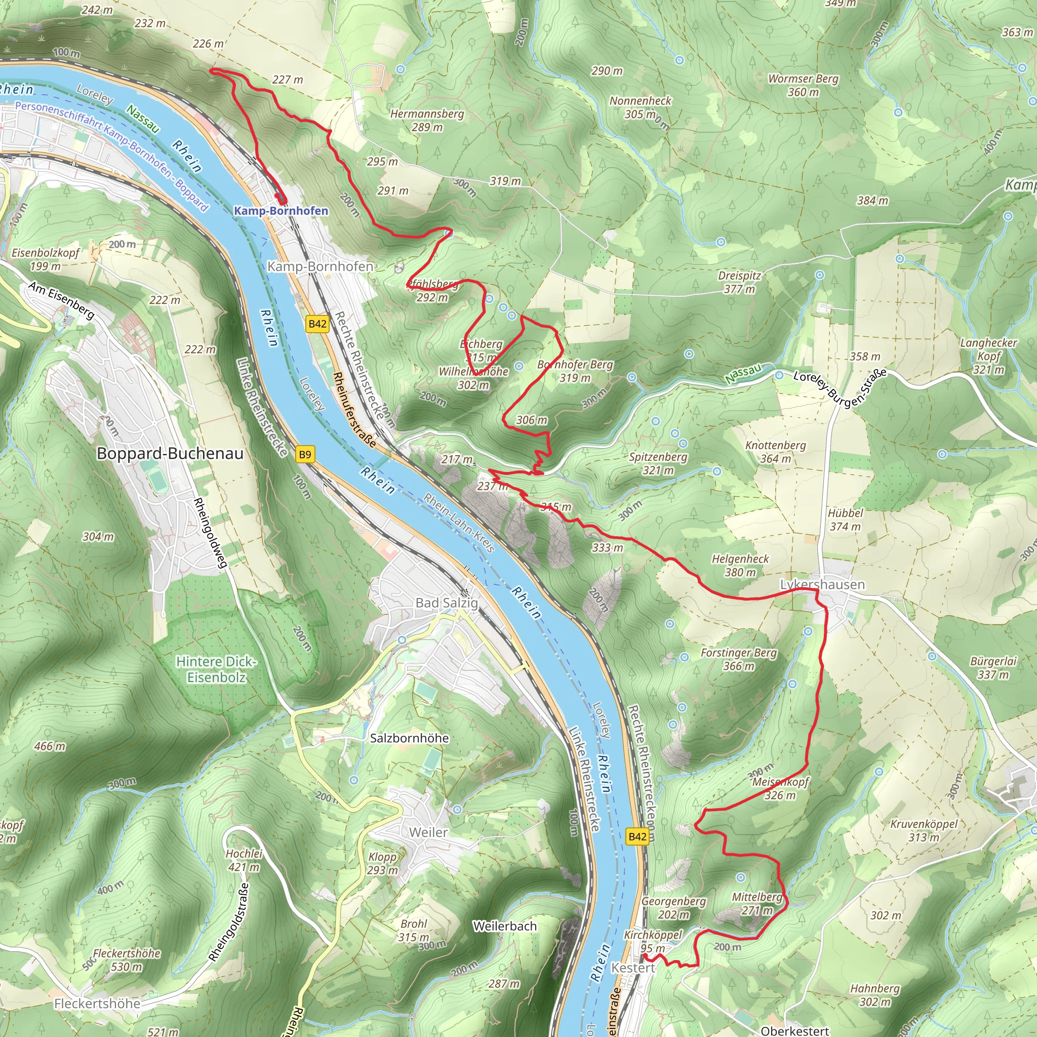 Kamp-Bornhofen to Kestert Walk via Brömserkopf mobile static map