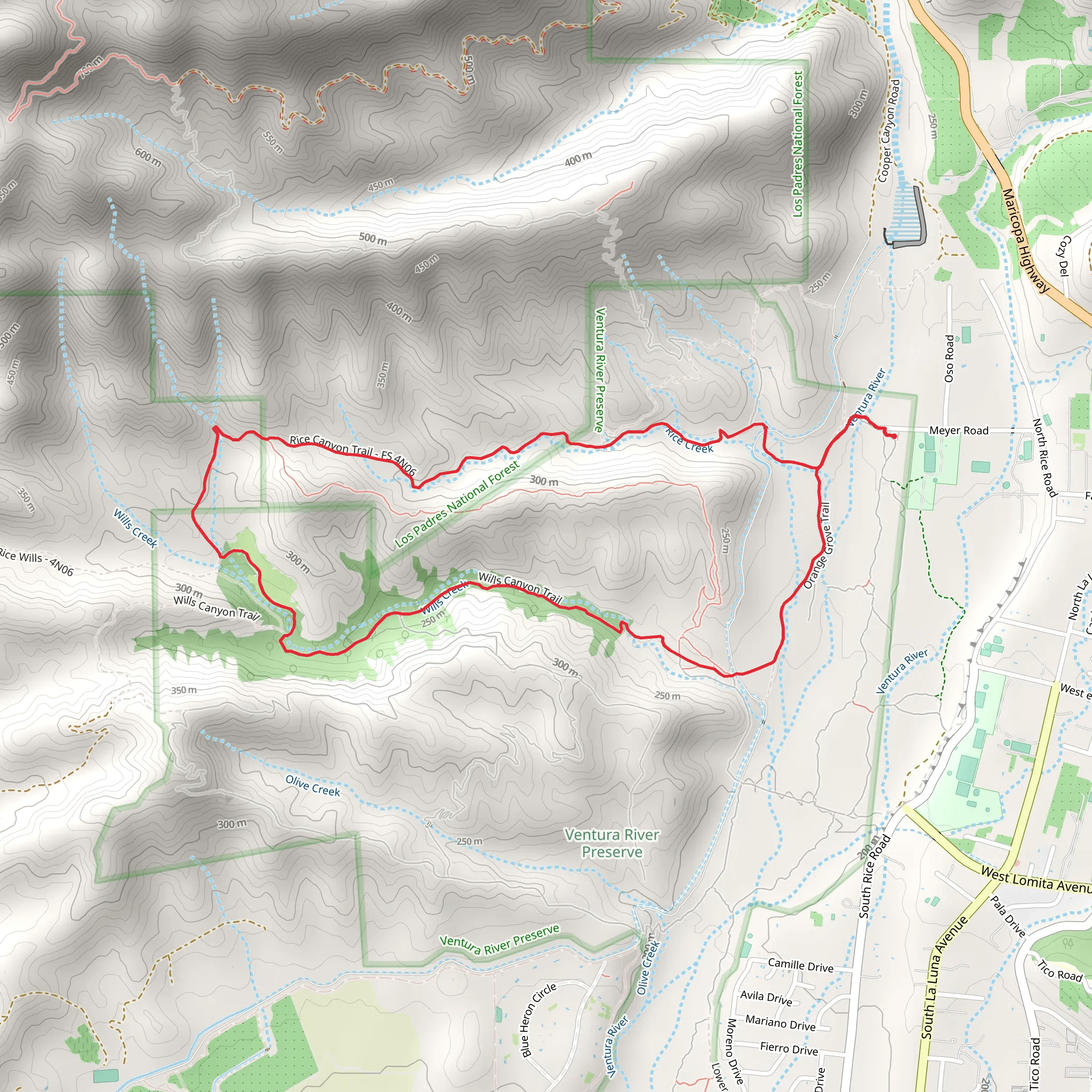 Rice Canyon - Wills Canyon - Orange Grove Loop Trail mobile static map