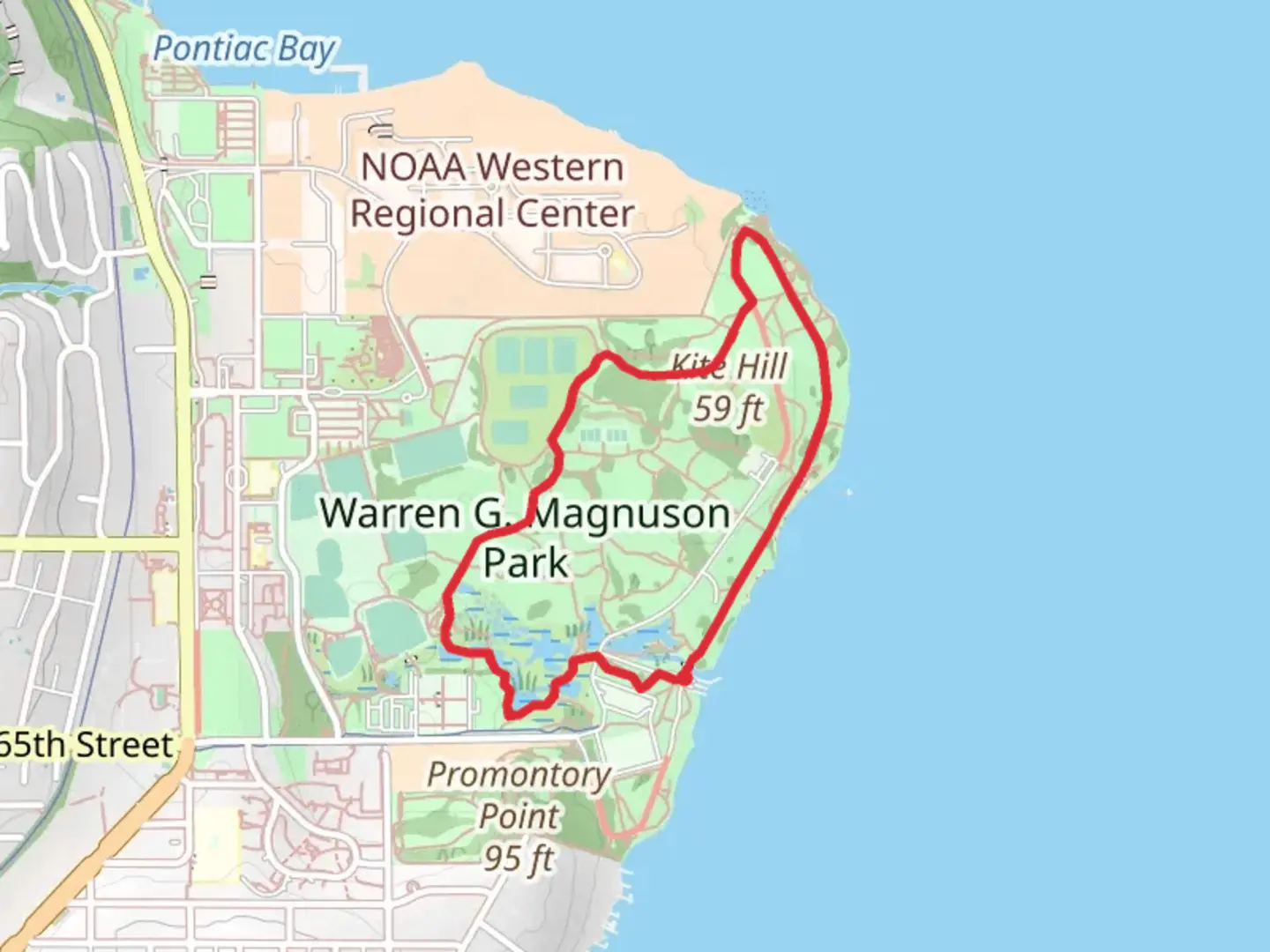 An image depicting the trail Warren G Magnuson Park Loop - Long and its surrounding area.