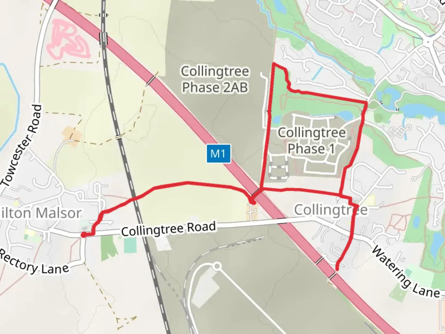 An image depicting the trail Collingtree Park Loop and its surrounding area.