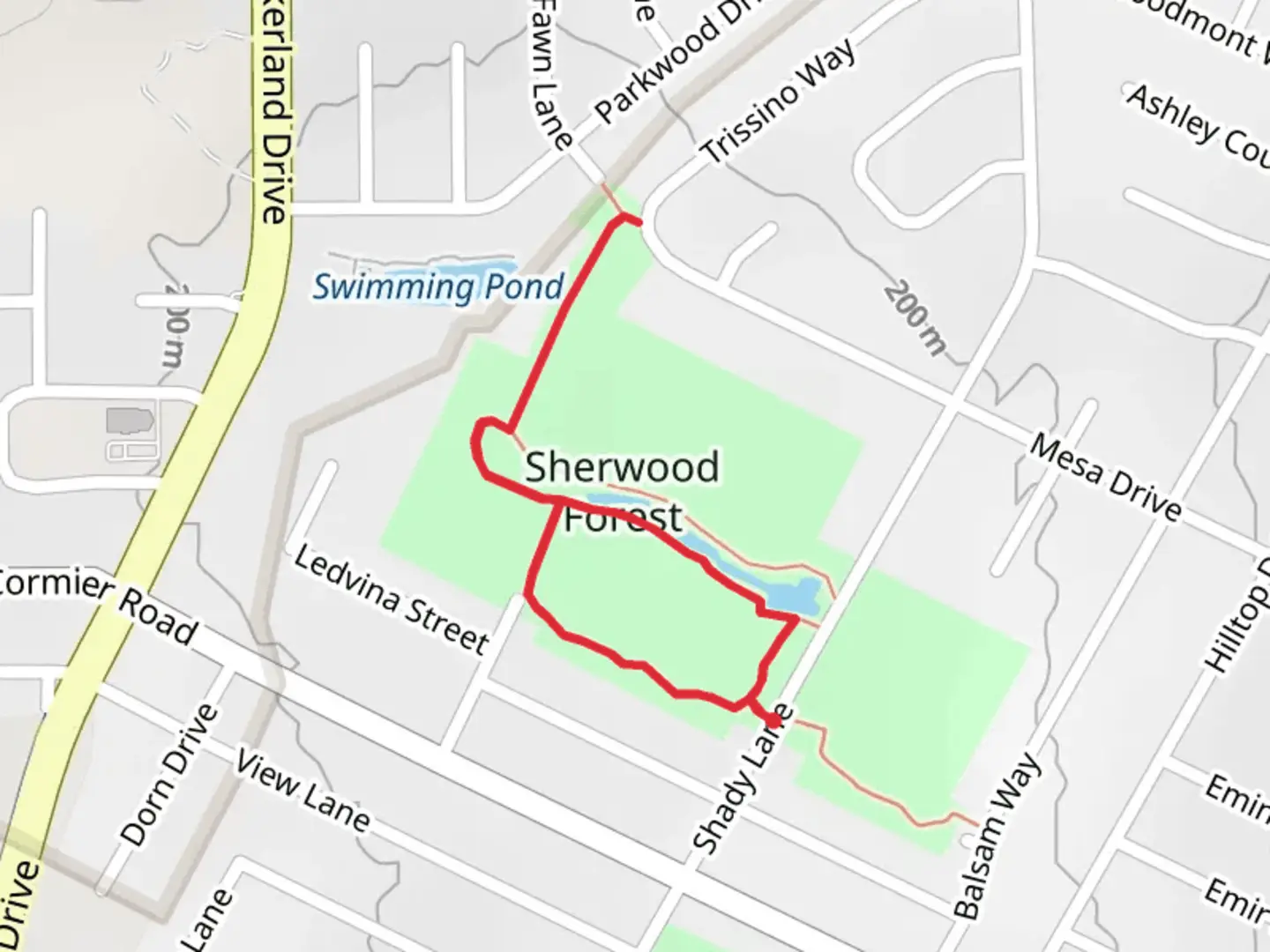 An image depicting the trail Sherwood Forest Loop and its surrounding area.