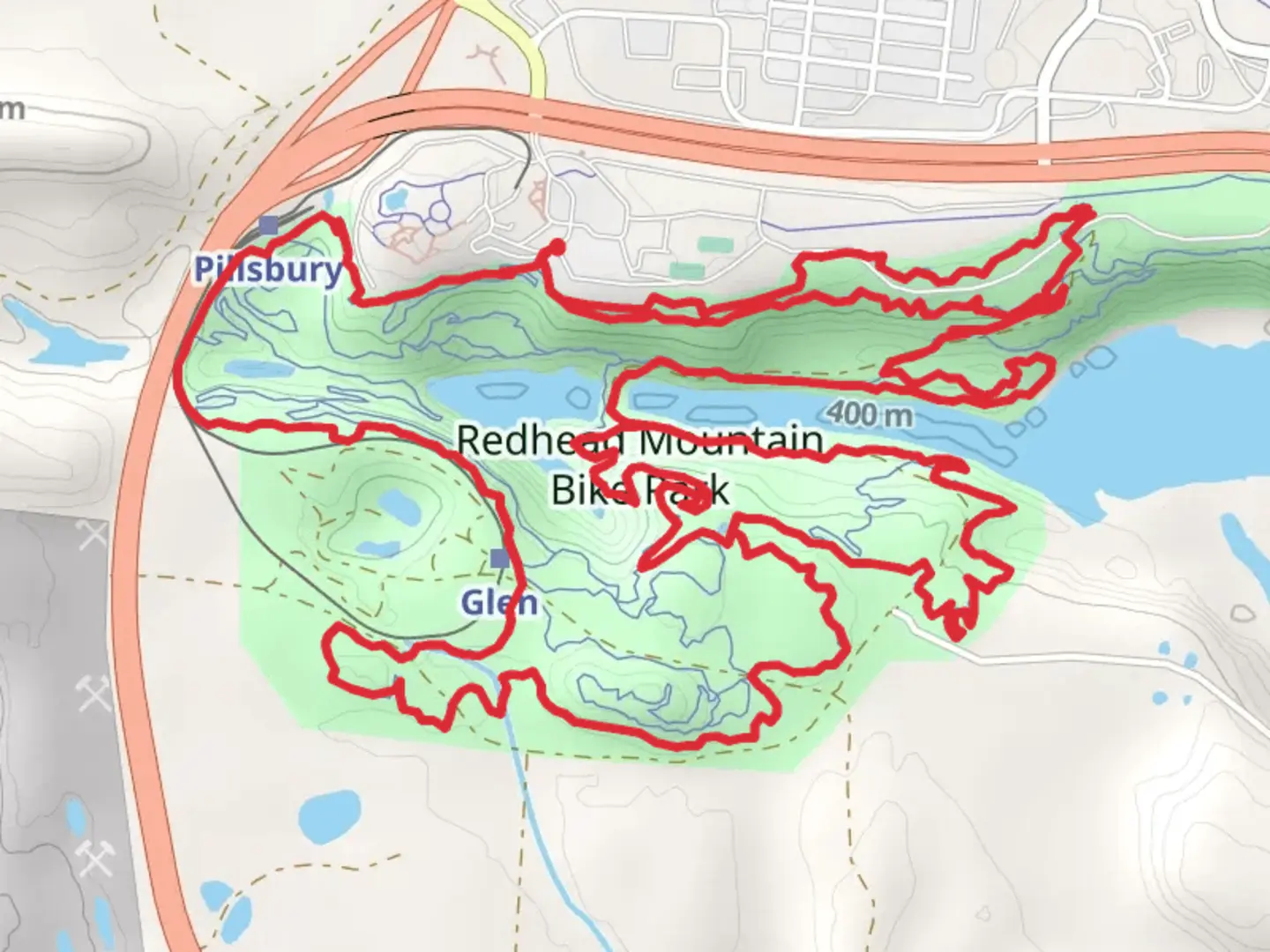 An image depicting the trail Red Hop and Bright Side Loop and its surrounding area.