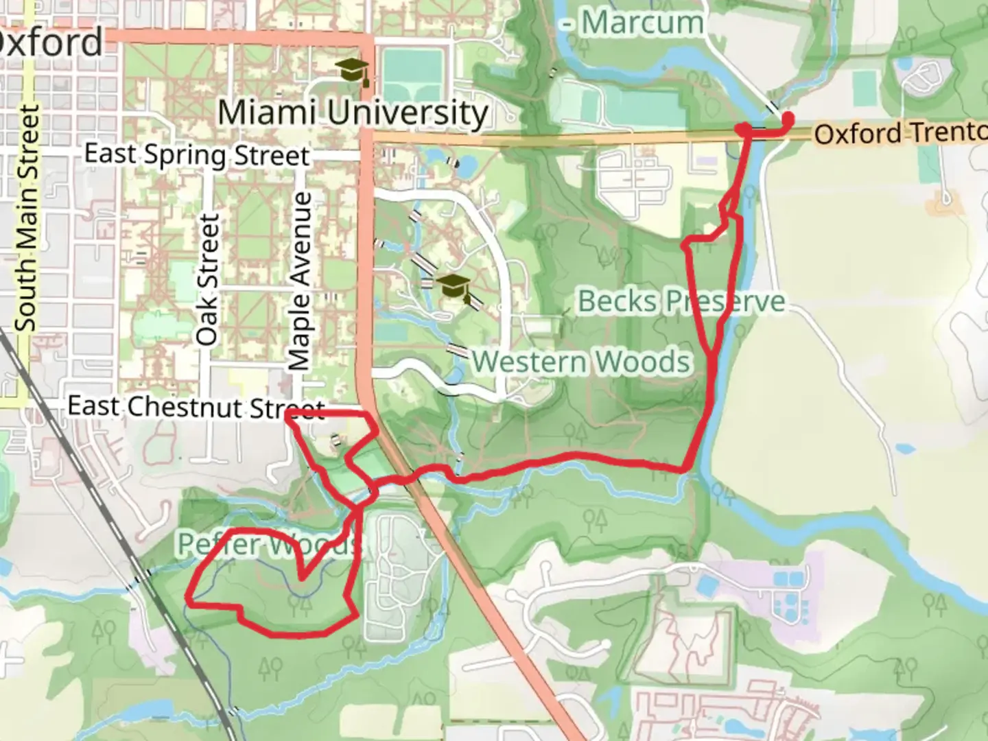 An image depicting the trail Four Mile Creek, Collins Creek and Peffer Park Loop and its surrounding area.