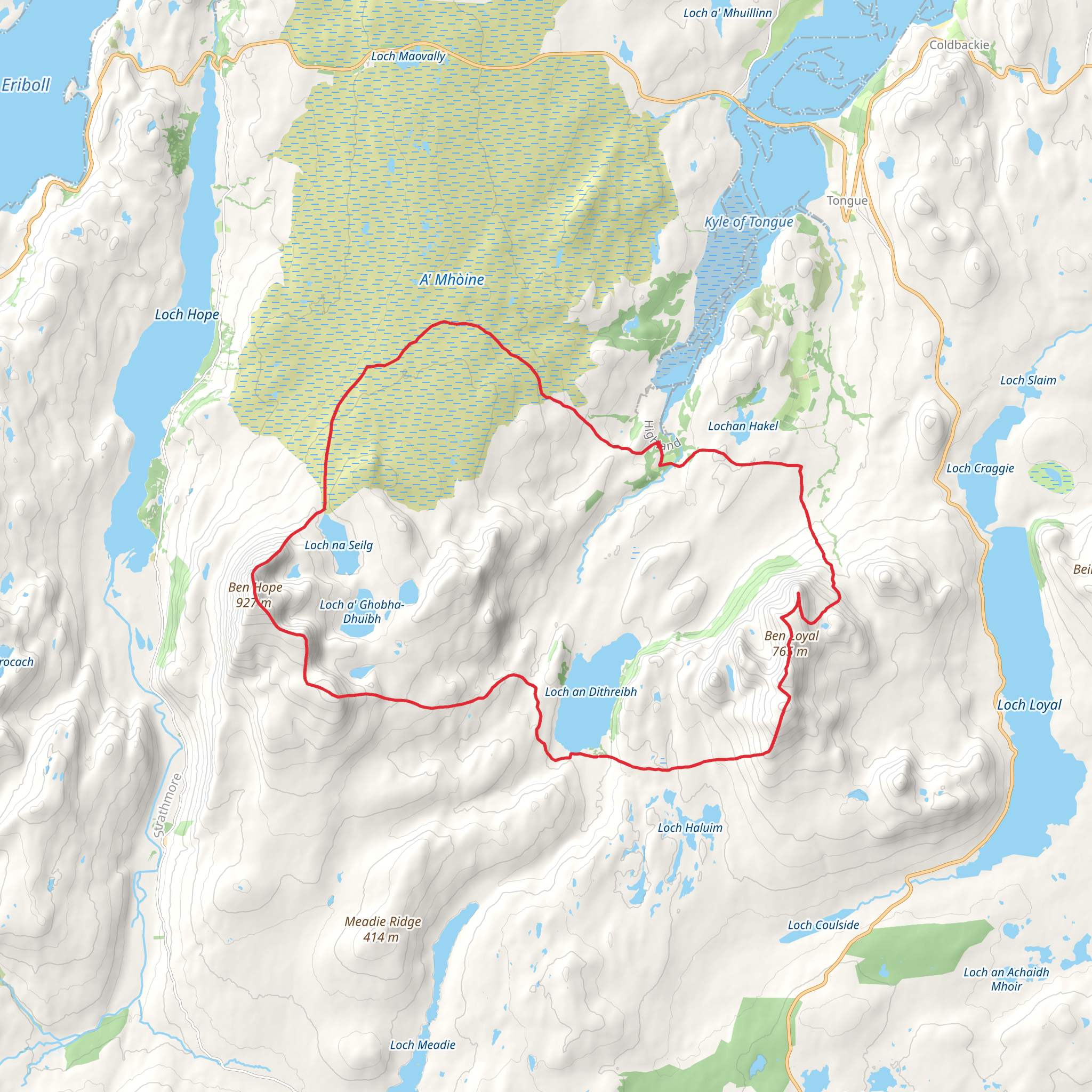Ben Hope and Ben Loyal Loop from Tongue - Kinloch Road mobile static map