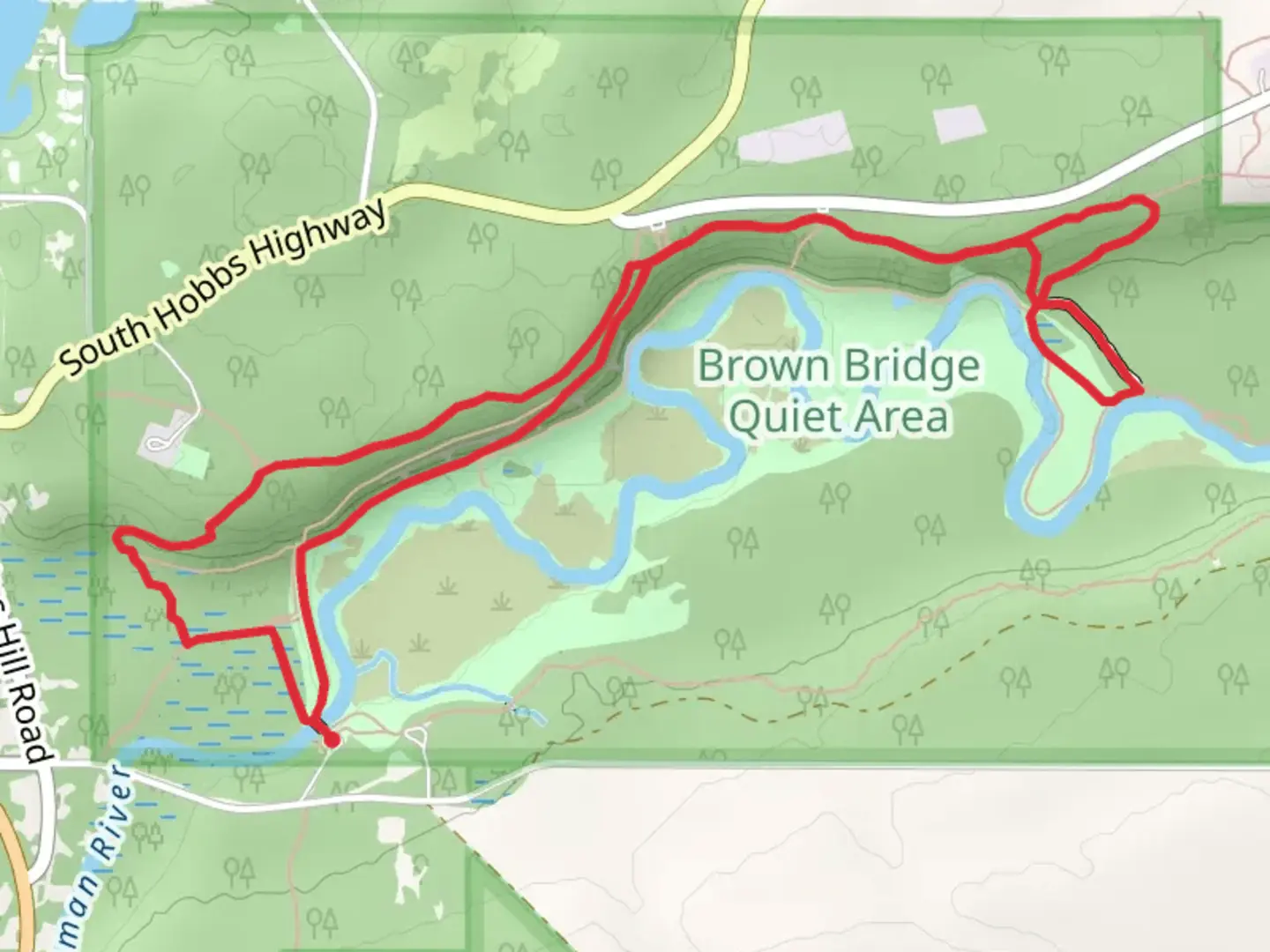 An image depicting the trail Boardman River Loop - Brown Bridge Road and its surrounding area.