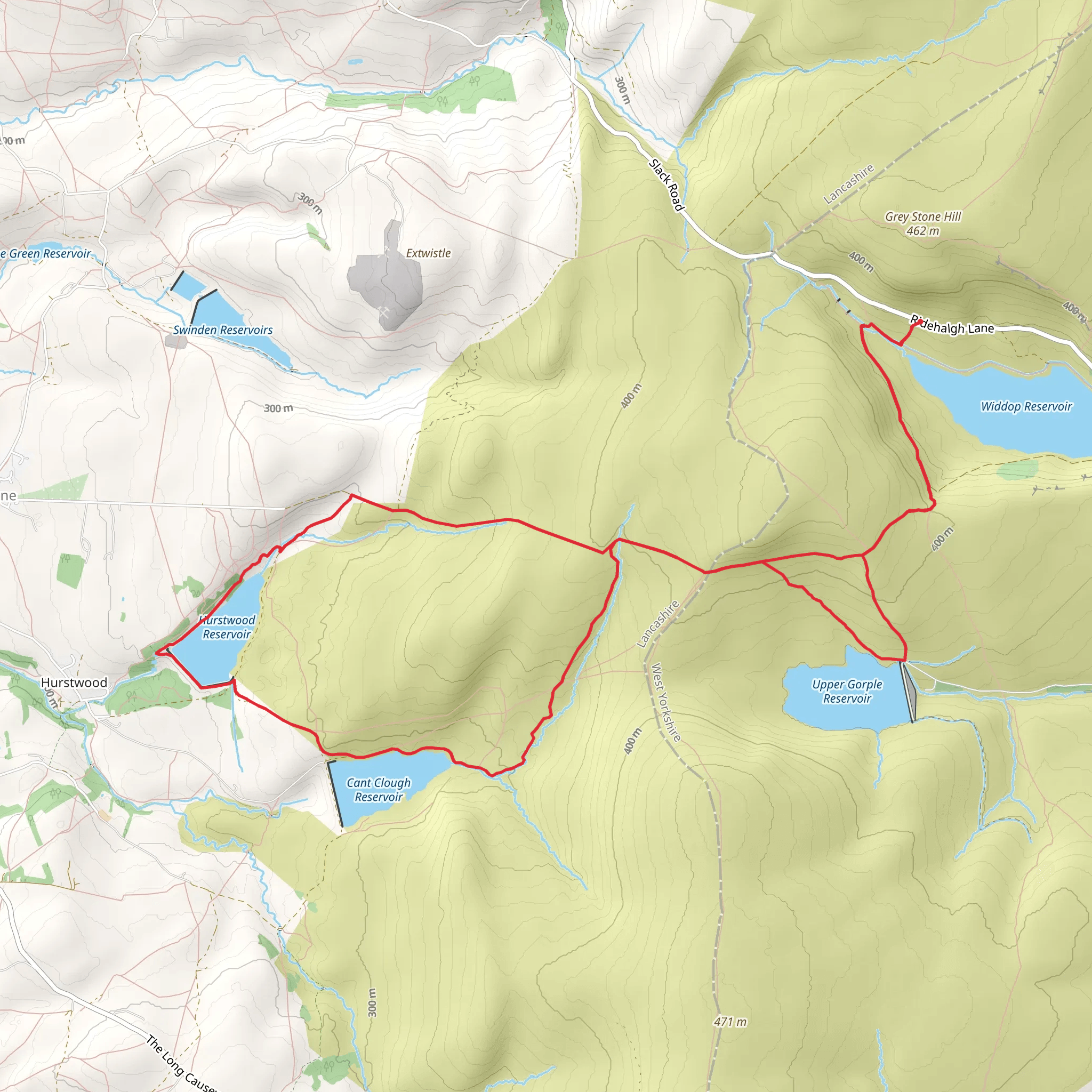 Hurstwood, Cant Clough and Upper Gorple Reservoir Loop Walk mobile static map