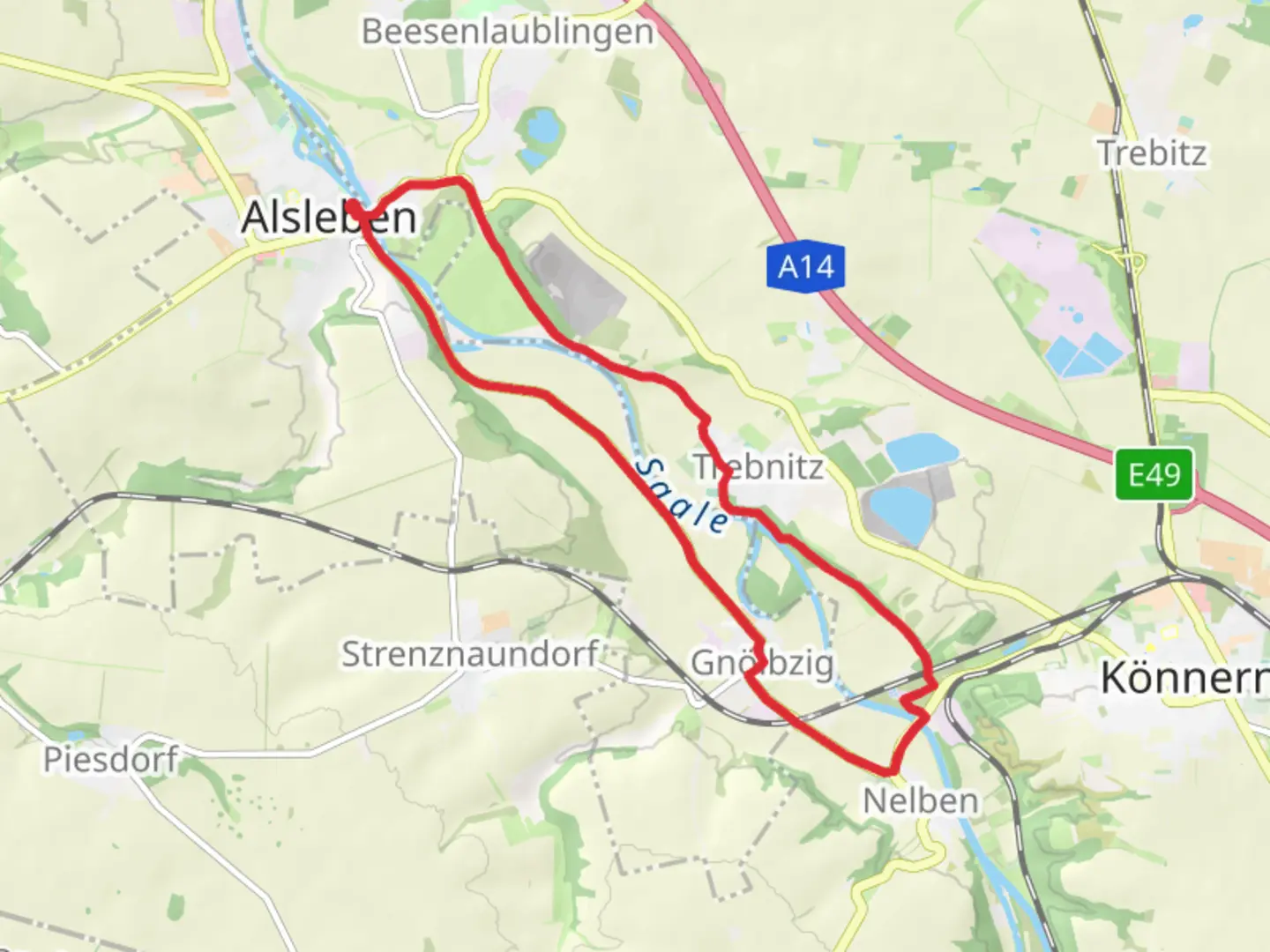 An image depicting the trail River Saale Loop from Alsleben and its surrounding area.