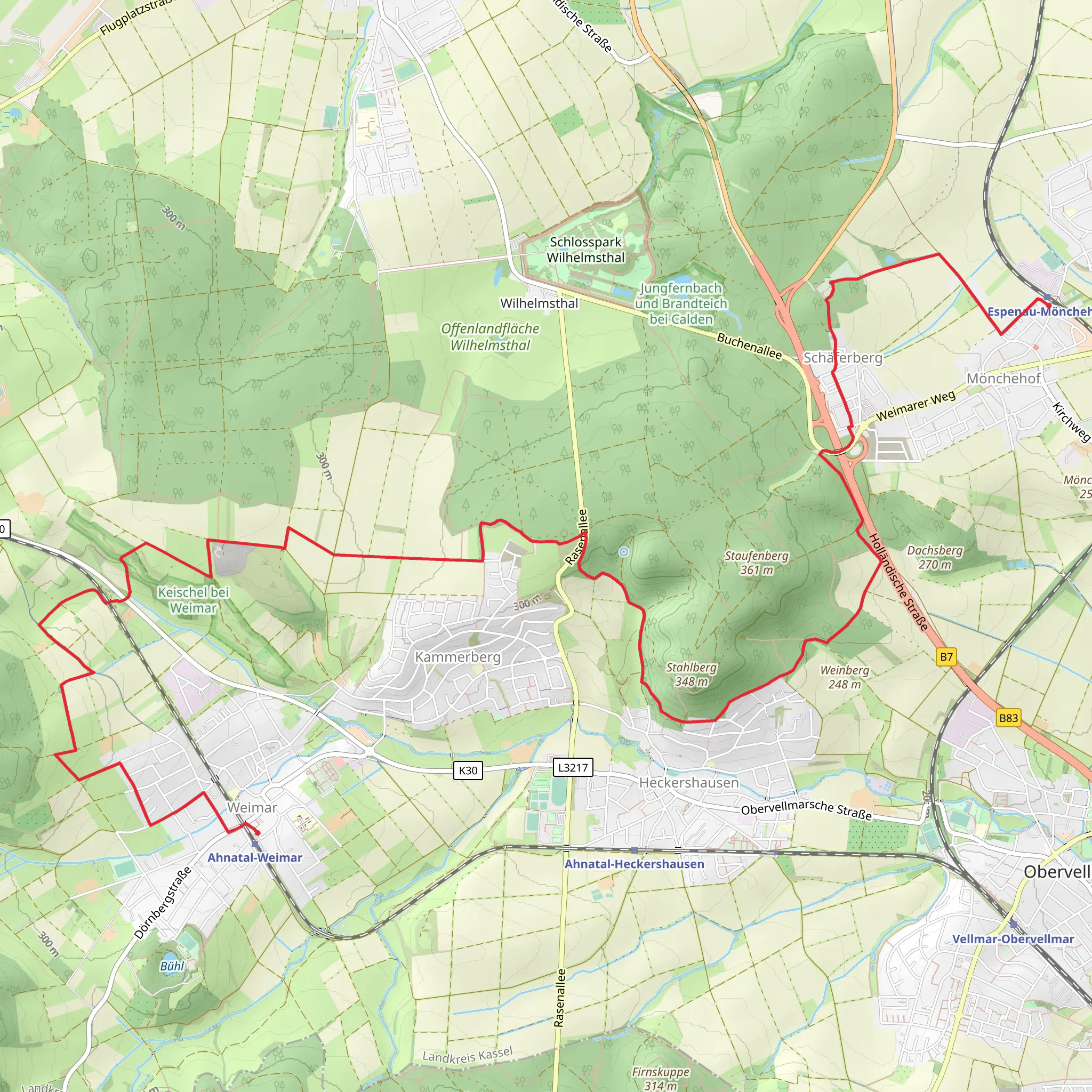 Ahnatal-Weimar to Espenau-Moenchehof via Kasselsteig mobile static map