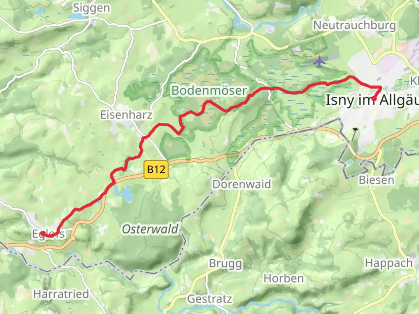 An image depicting the trail Eglofs to Isny im Allgäu via Heuberg Allgäu Weg and its surrounding area.