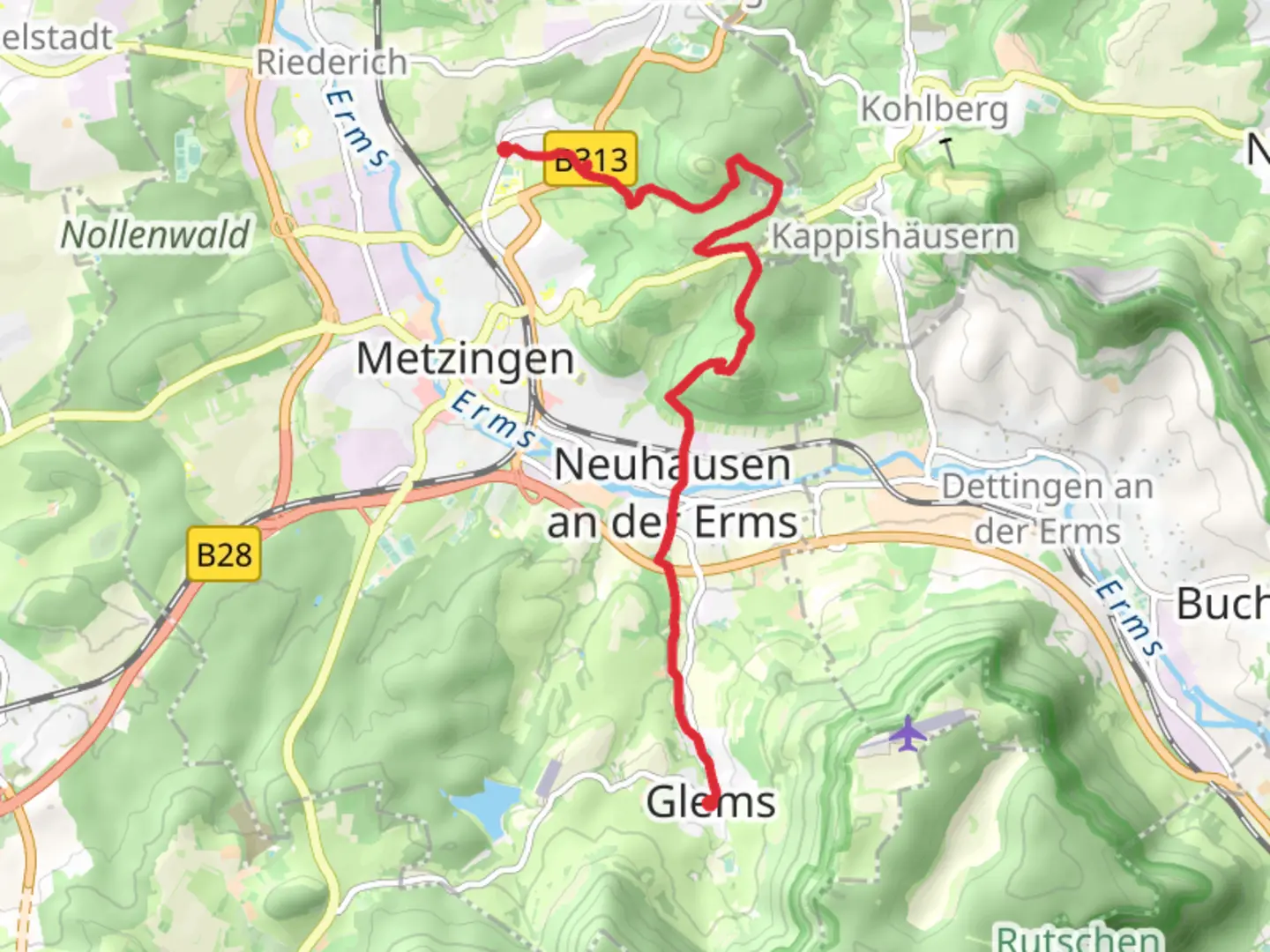 An image depicting the trail Neugreuth to Glems Walk via Hofbuhl and its surrounding area.