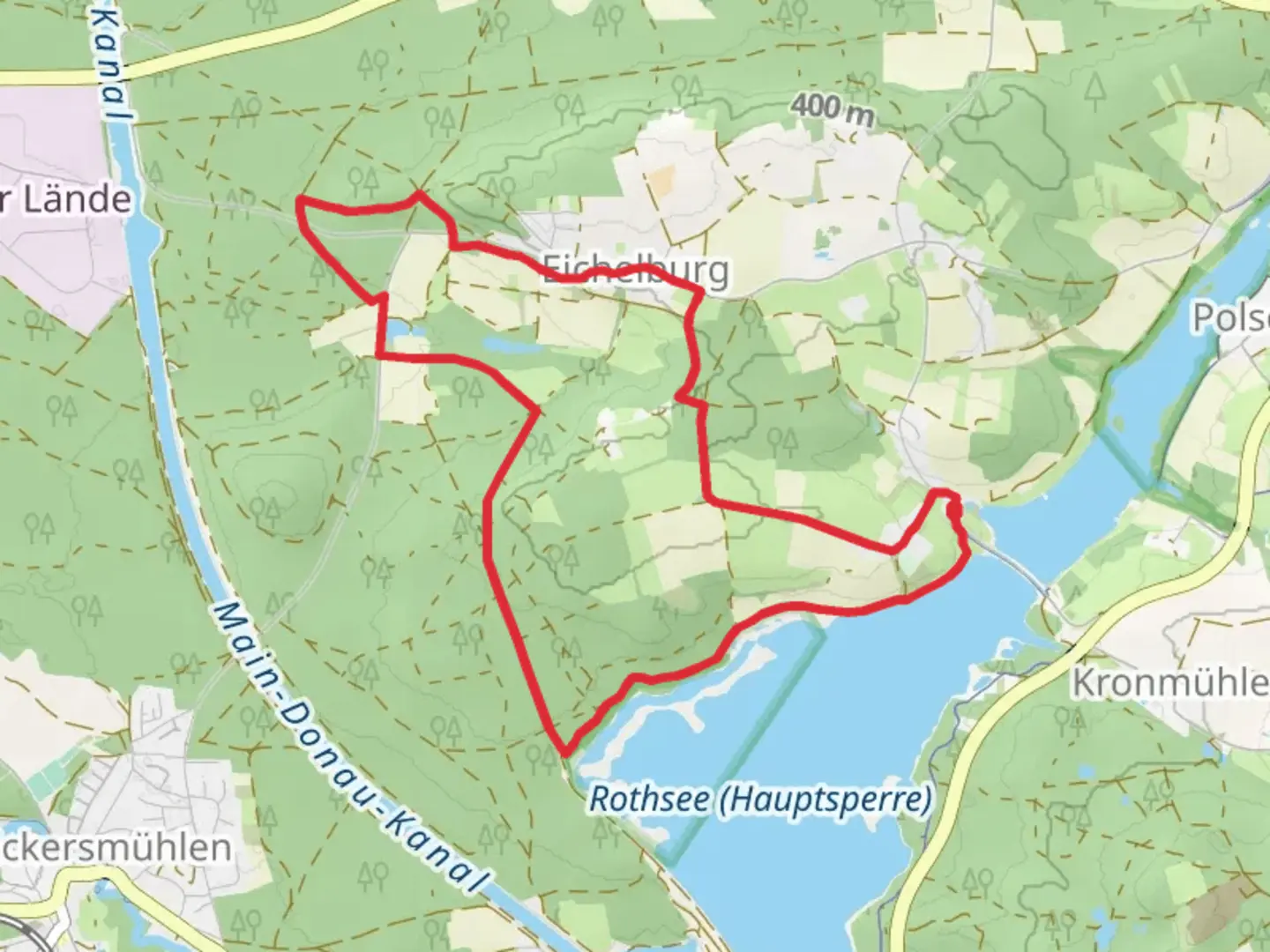 An image depicting the trail Rothsee via Fischlehrpfad and Seebuehler Rundweg and its surrounding area.