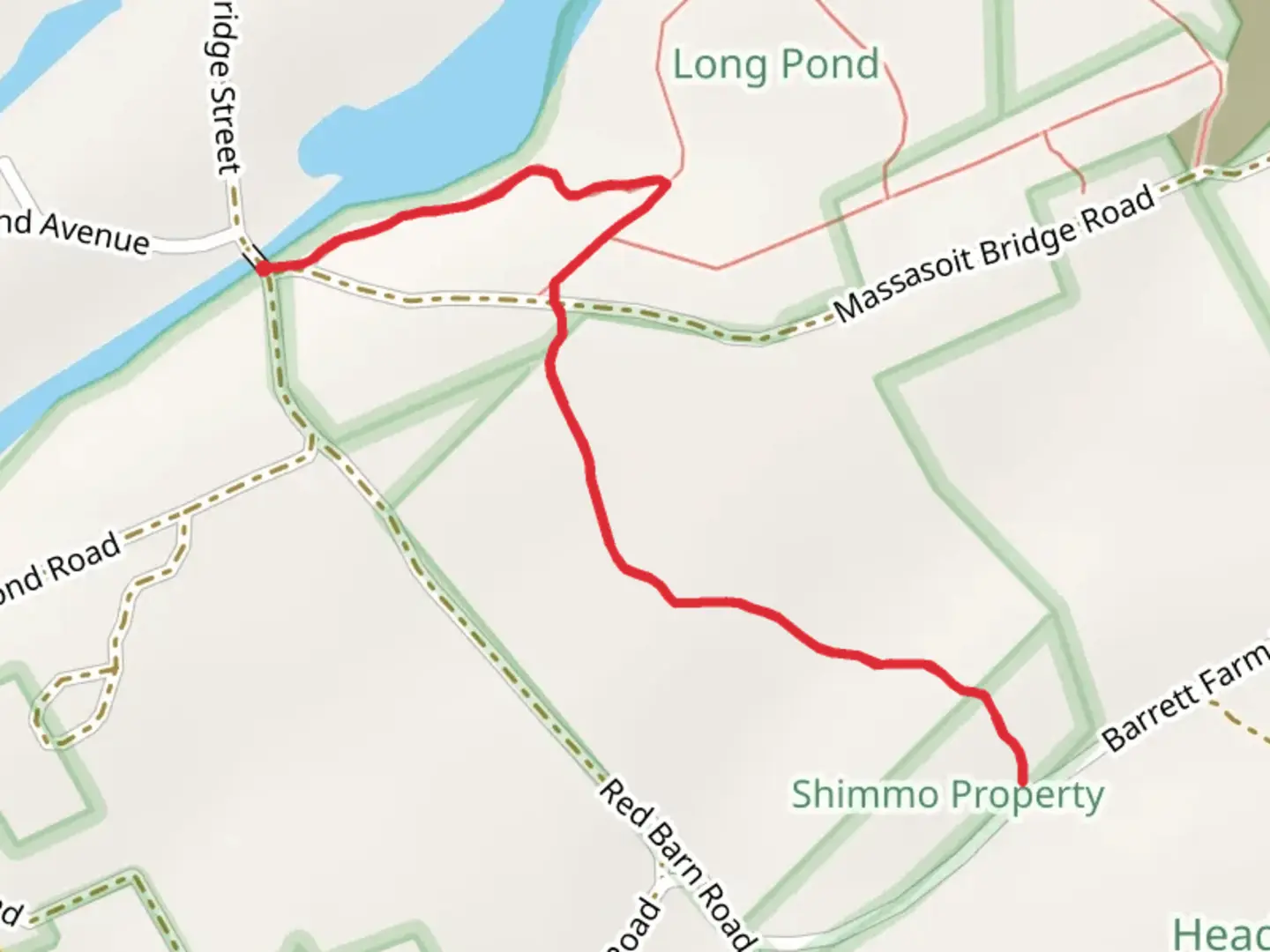 An image depicting the trail Massasoit Bridge to Barrett Farm Road and its surrounding area.