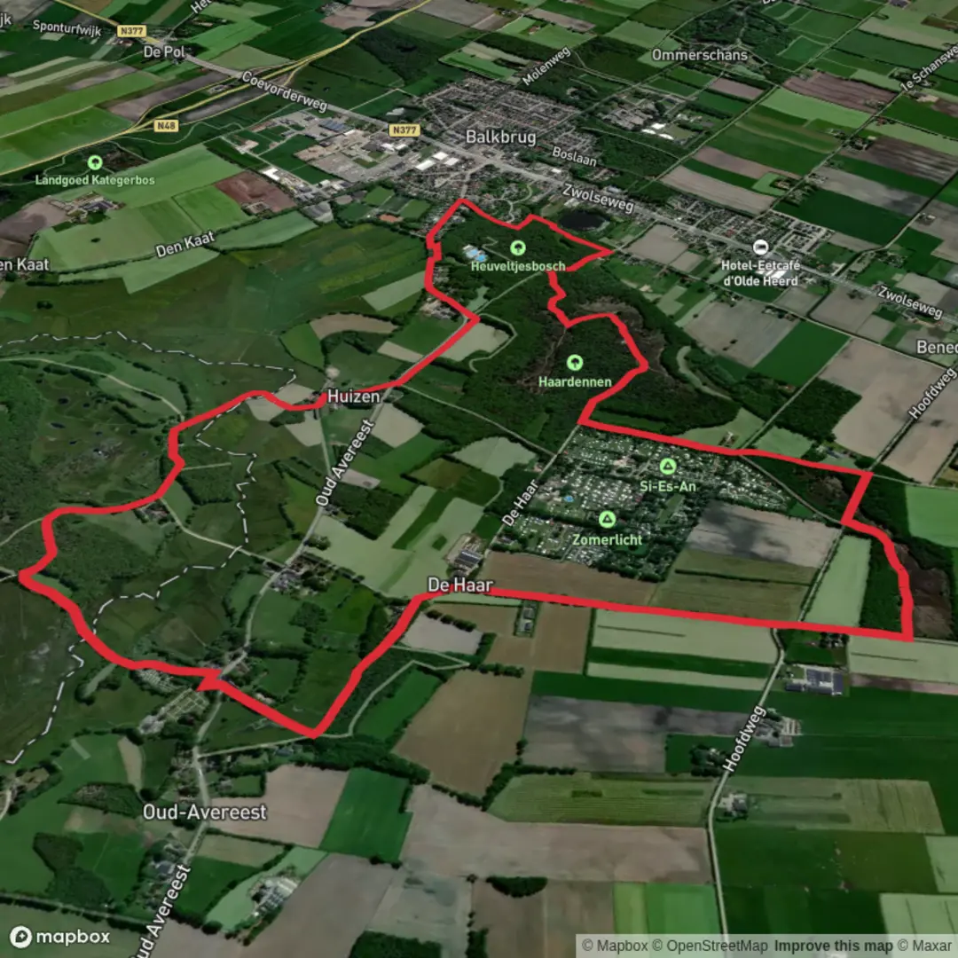 An image depicting the trail Haardennen via Kerkenpad and Maarten van Rossumpad and its surrounding area.