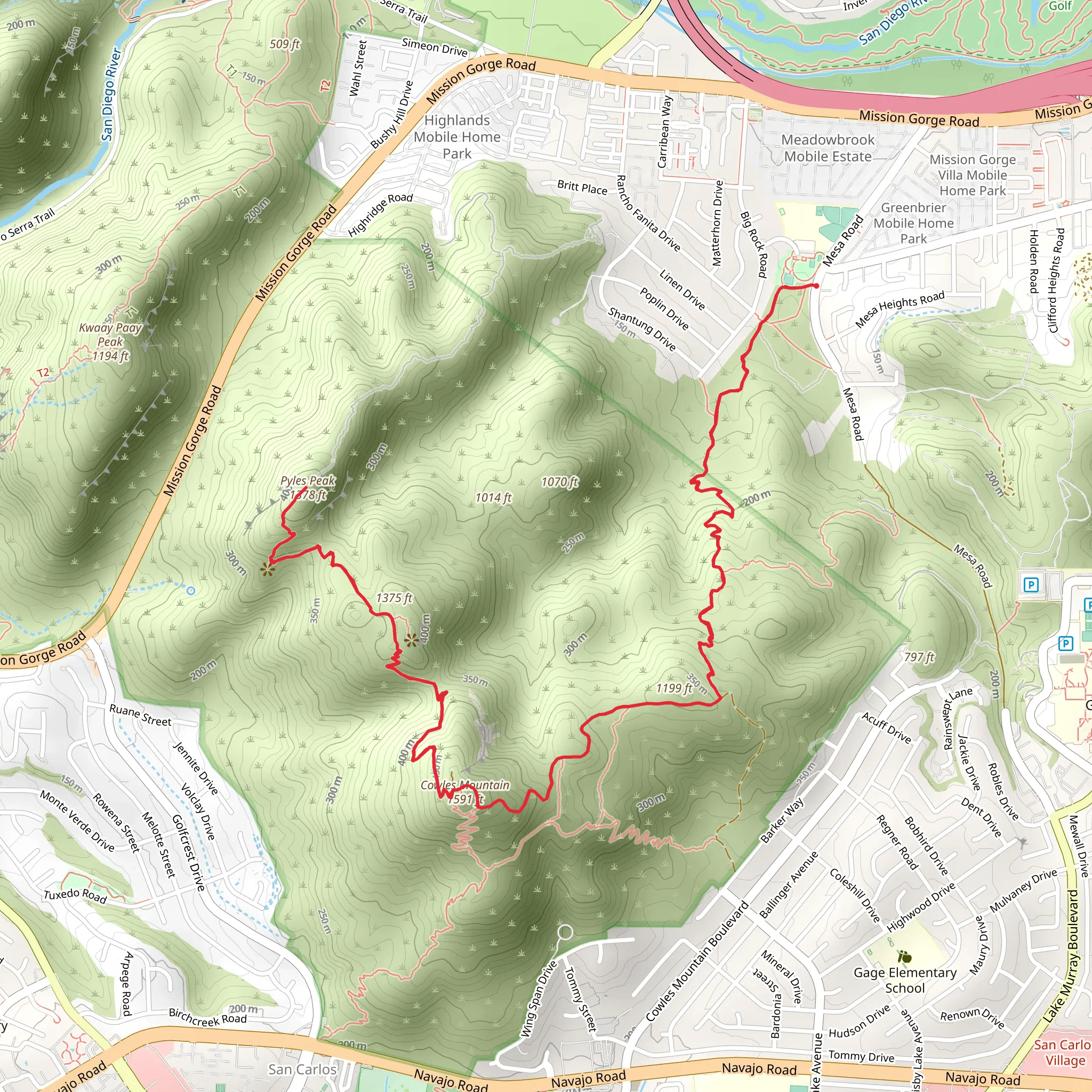 Pyles Peak and Cowles Mountain via Big Rock Trail mobile static map
