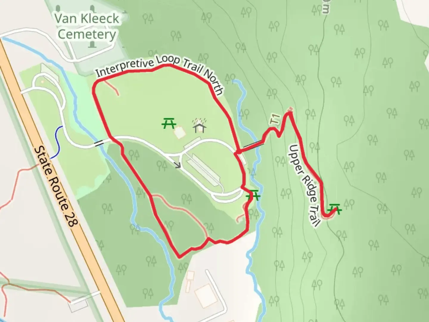 An image depicting the trail Interpretive Loop Trail and Upper Ridge Trail and its surrounding area.