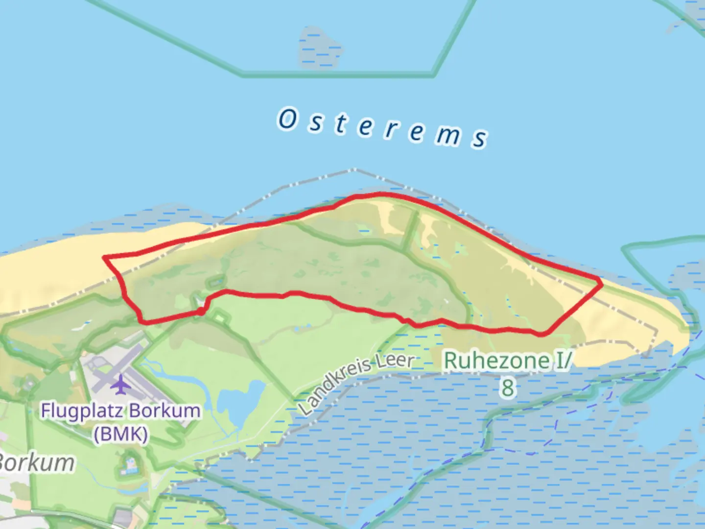 An image depicting the trail Deich - und Salzwiesenweg and NW Route 5 and 6 and its surrounding area.