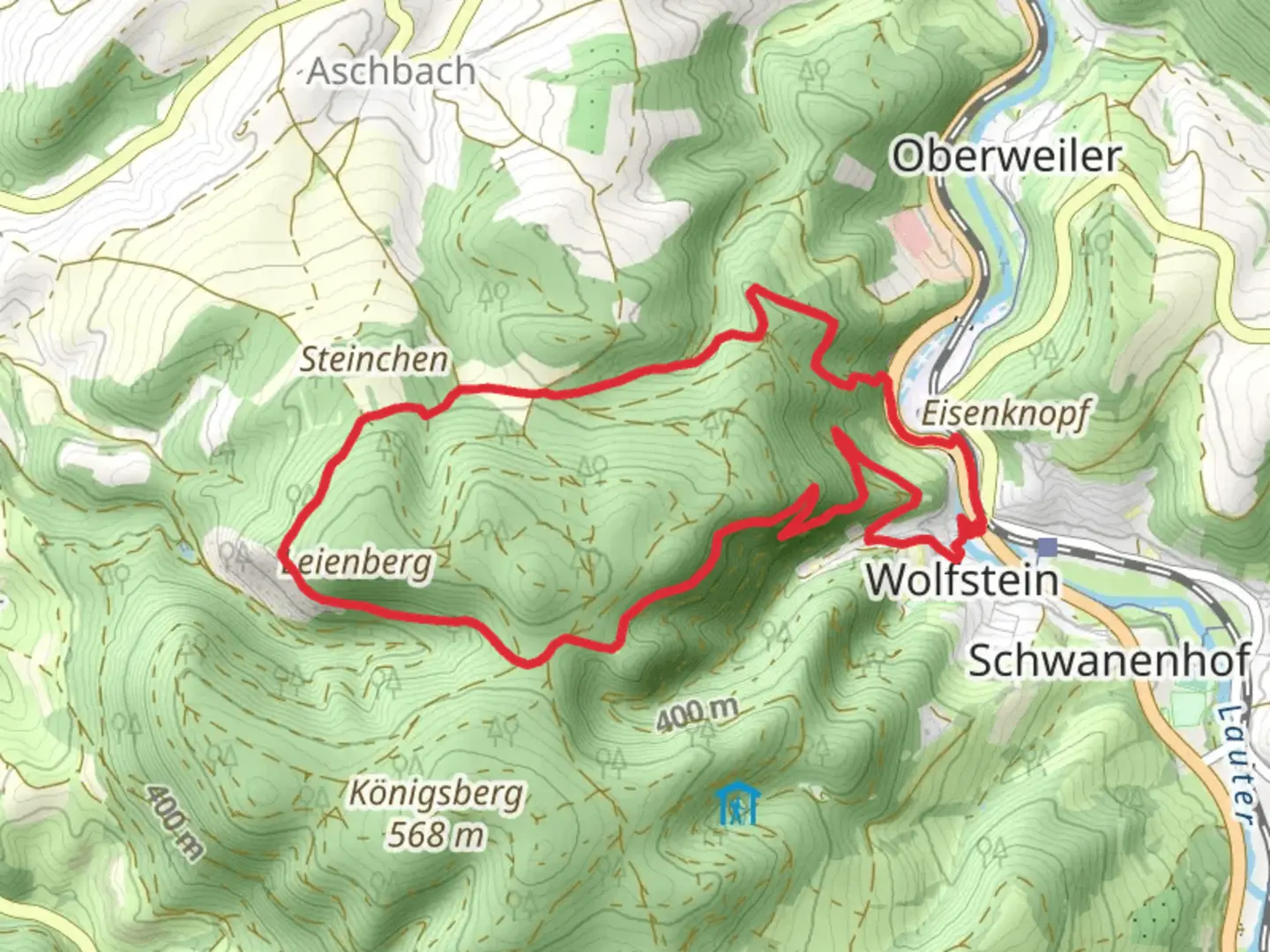 An image depicting the trail Ruine Neuwolfstein and Altwolfstein Loop and its surrounding area.