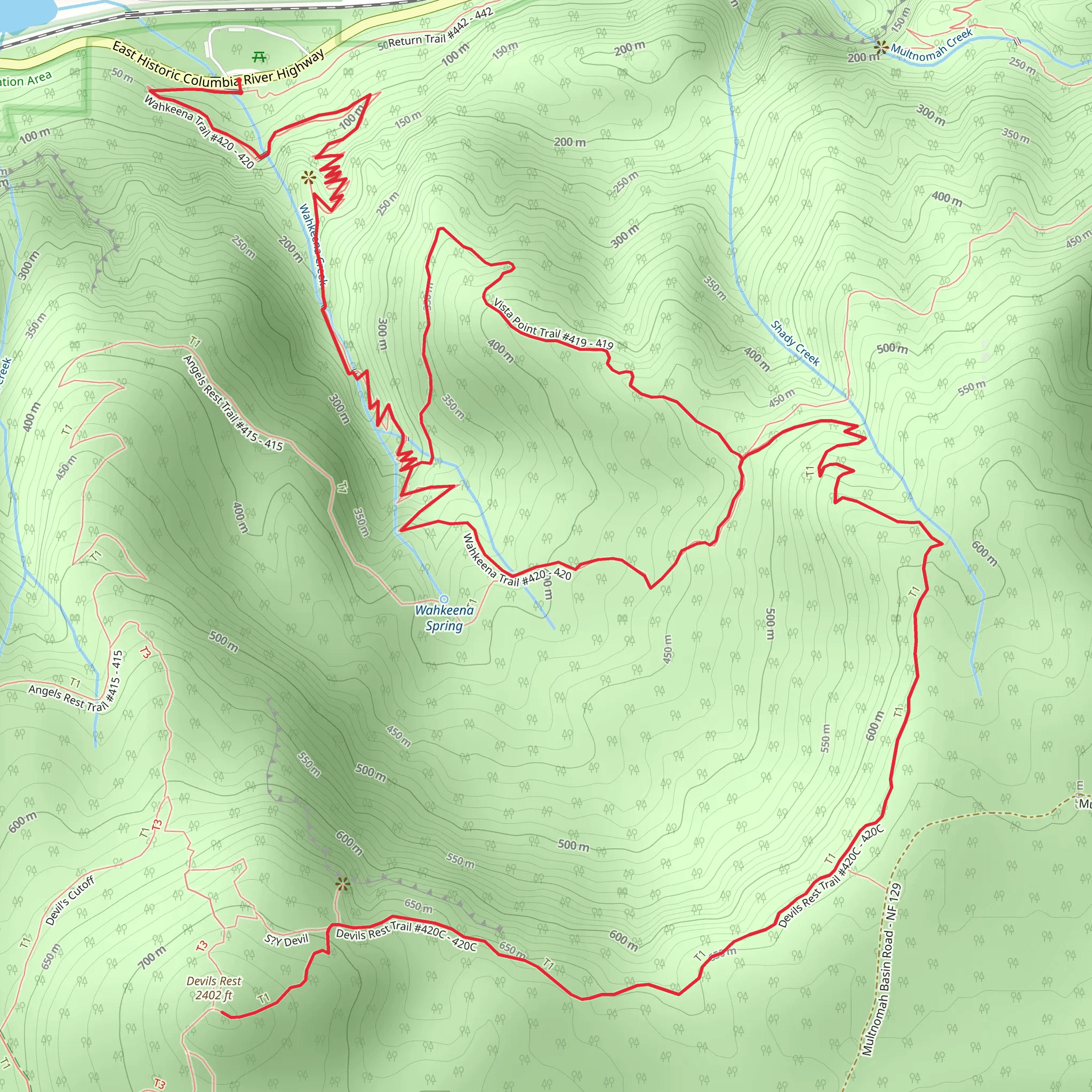 Devils Rest via Wahkeena Trail and Vista Point Loop Trail mobile static map