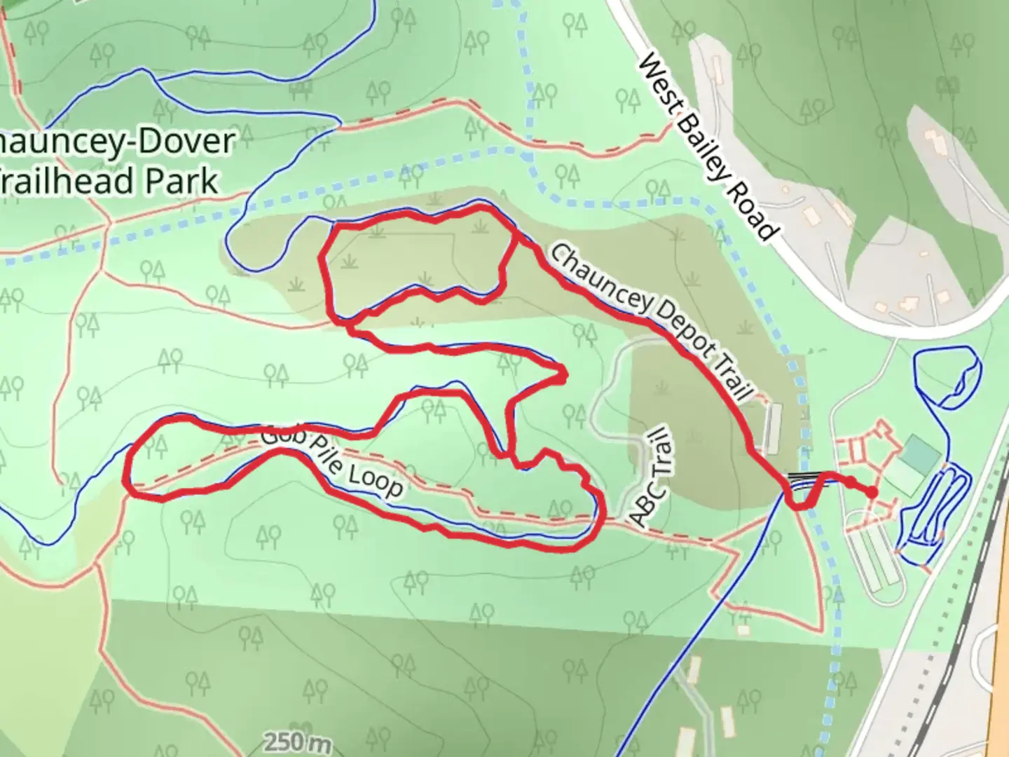 An image depicting the trail Gob Pile Loop via Chauncey Depot Trail - Long and its surrounding area.