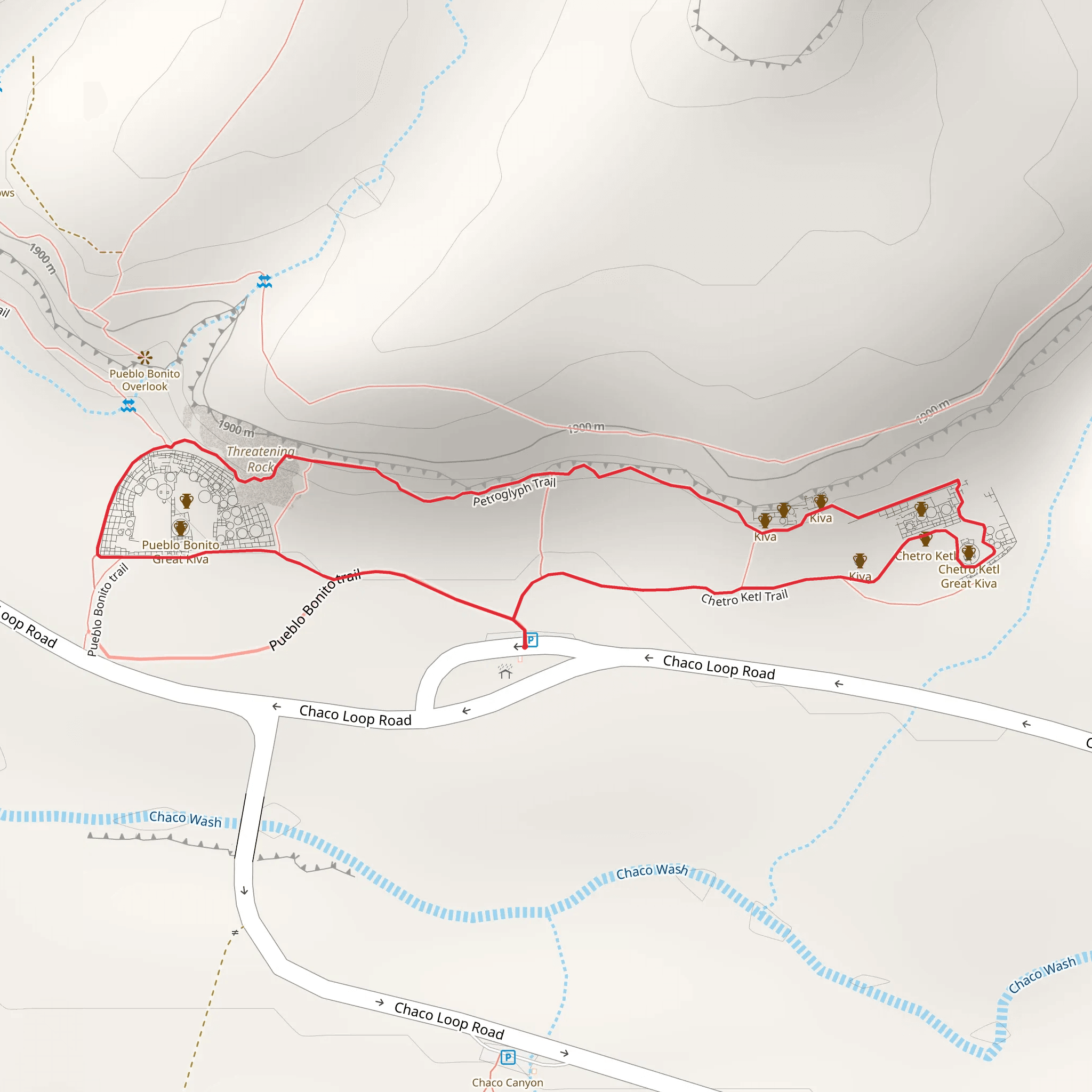 Pueblo Bonito Trail, Pictographs Trail and Chetro Ketl Trail Loop mobile static map