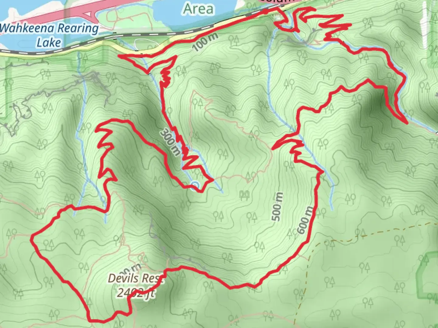 An image depicting the trail Benson Lake and Devils Rest Loop and its surrounding area.