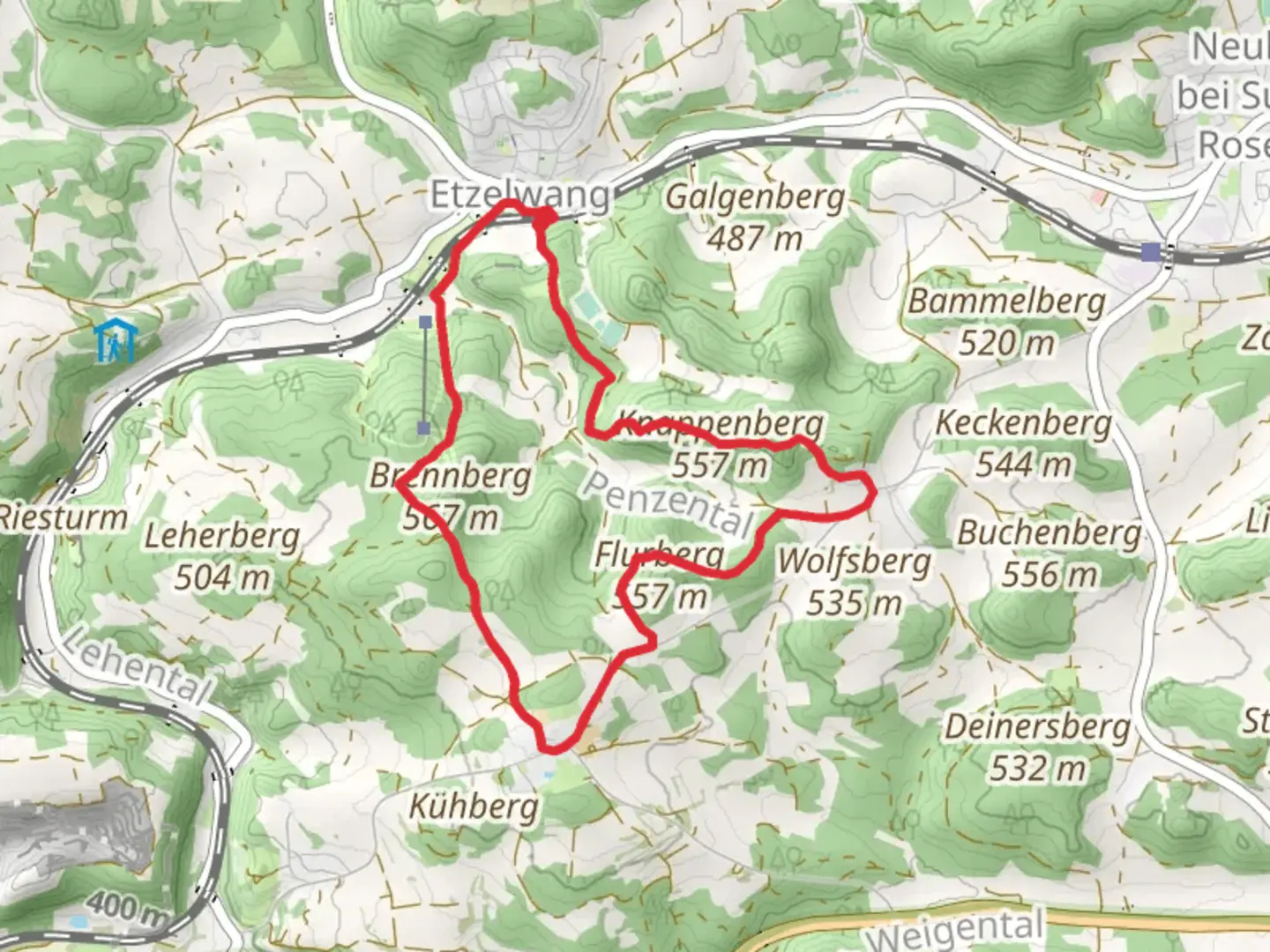 An image depicting the trail Brennberg and Flurberg Loop via Etzelwang and its surrounding area.