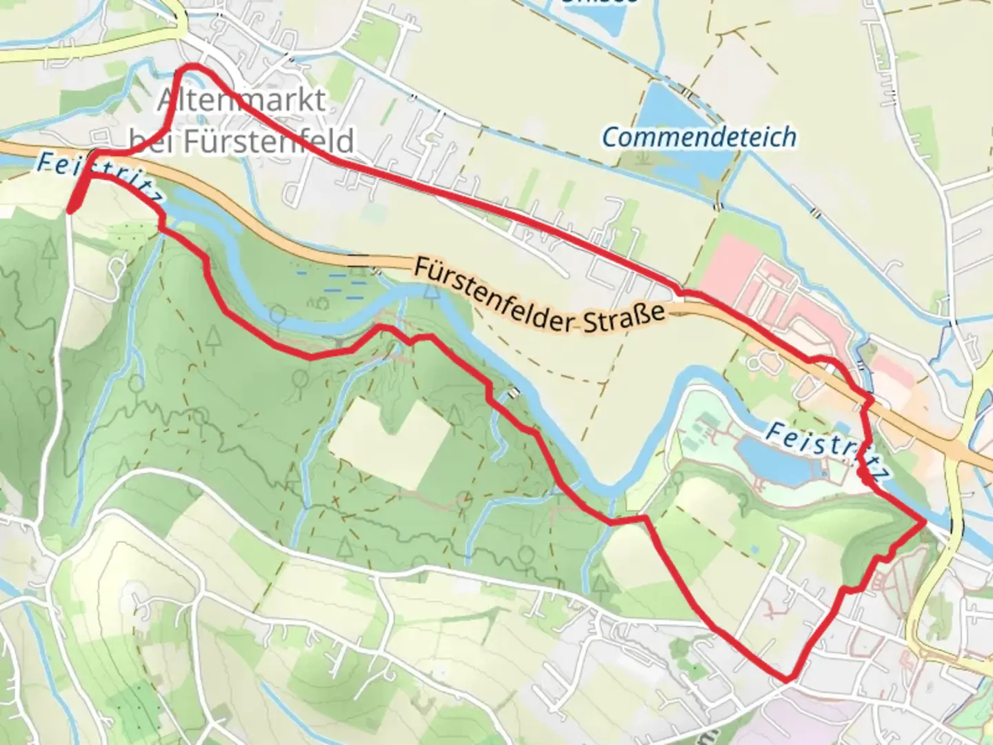 An image depicting the trail Fürstenfeld - Sagenpfad mit Motorikpark and its surrounding area.