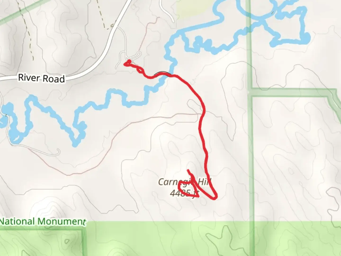 An image depicting the trail University Hill and Carnegie Hill Loop and its surrounding area.