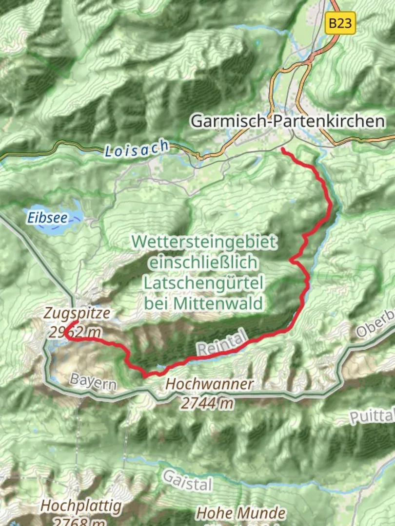 An image depicting the trail Zugspitze via Hausberg and its surrounding area.