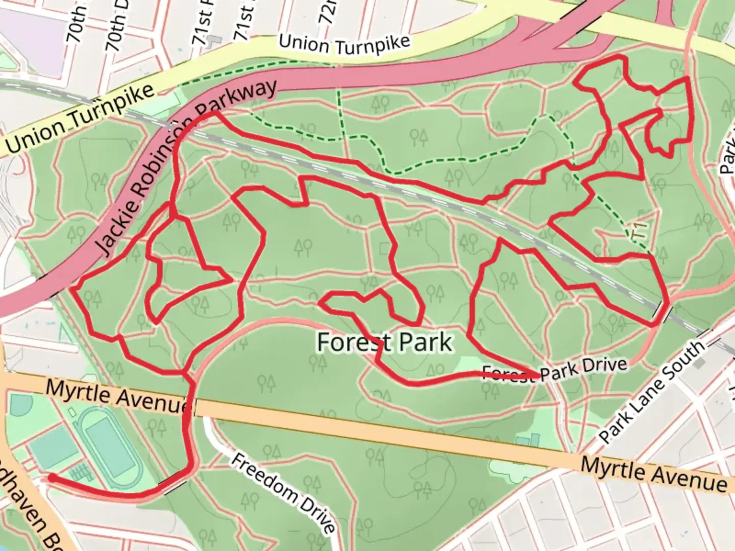 An image depicting the trail Woodhaven Boulevard Loop and its surrounding area.