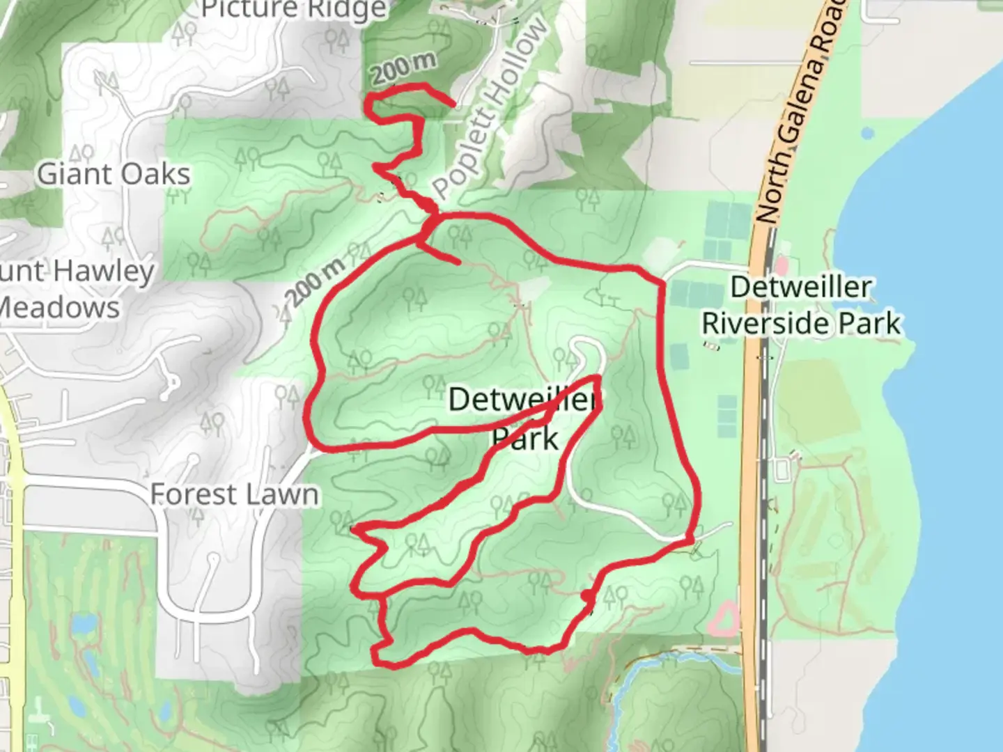 An image depicting the trail Dry Run Trail, Pimiteoui Trail and Illinois River Bluff Loop Trail and its surrounding area.