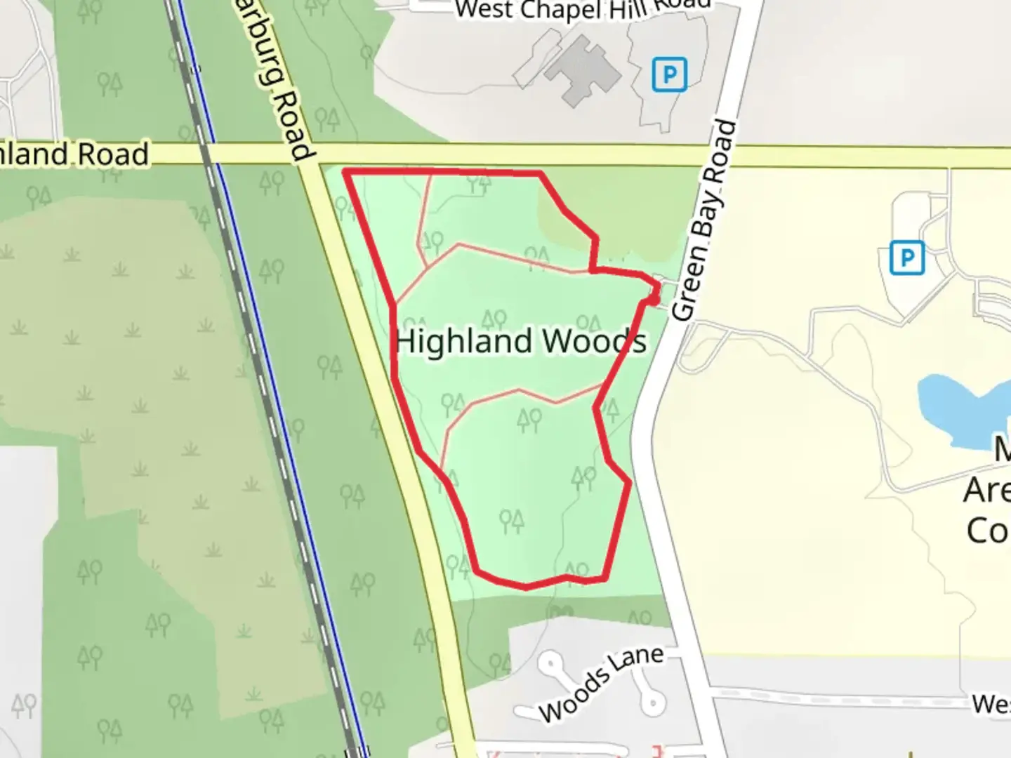 An image depicting the trail Highland Woods Loop and its surrounding area.
