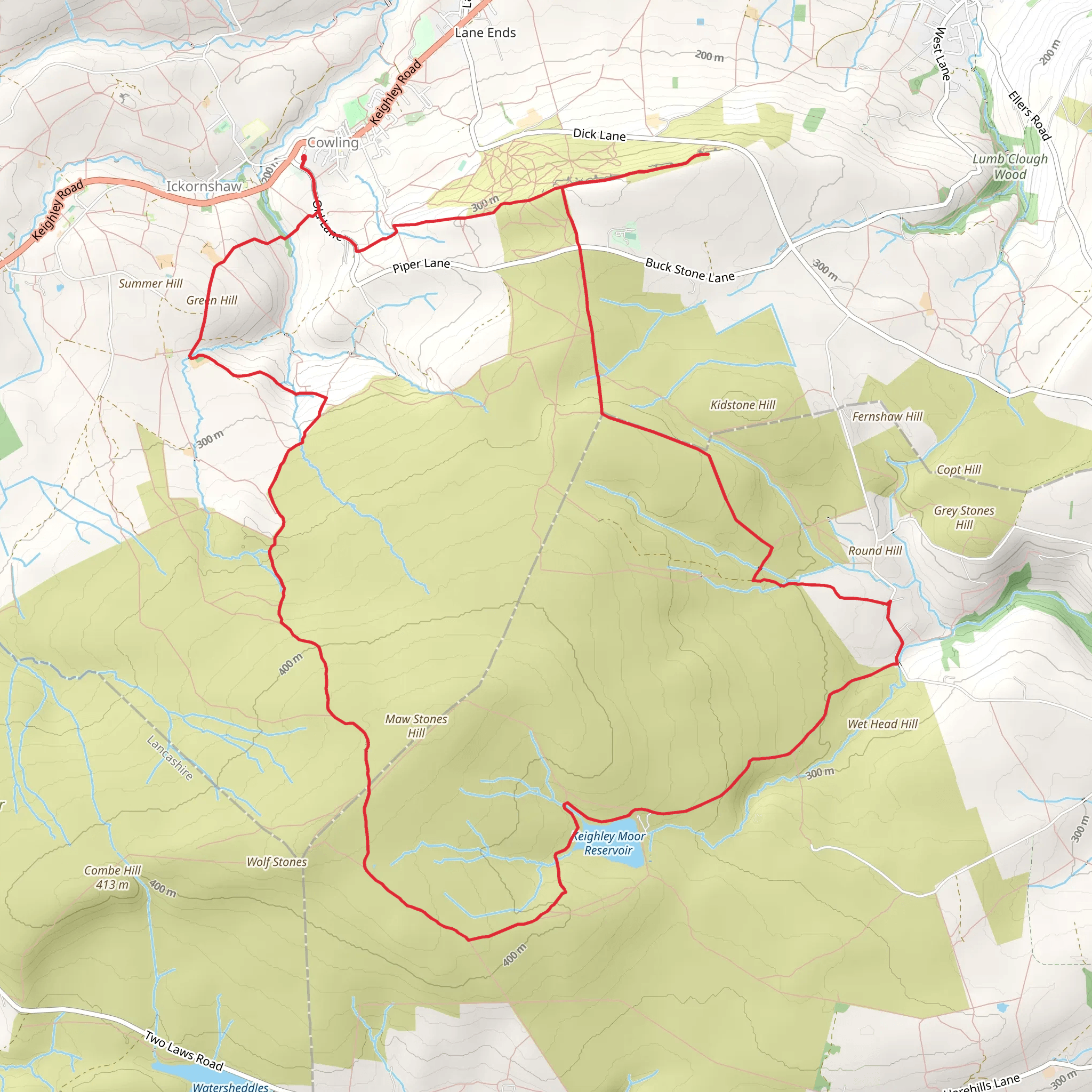 Cowling, Keighley Moor Reservoir and Lund's Tower Loop mobile static map