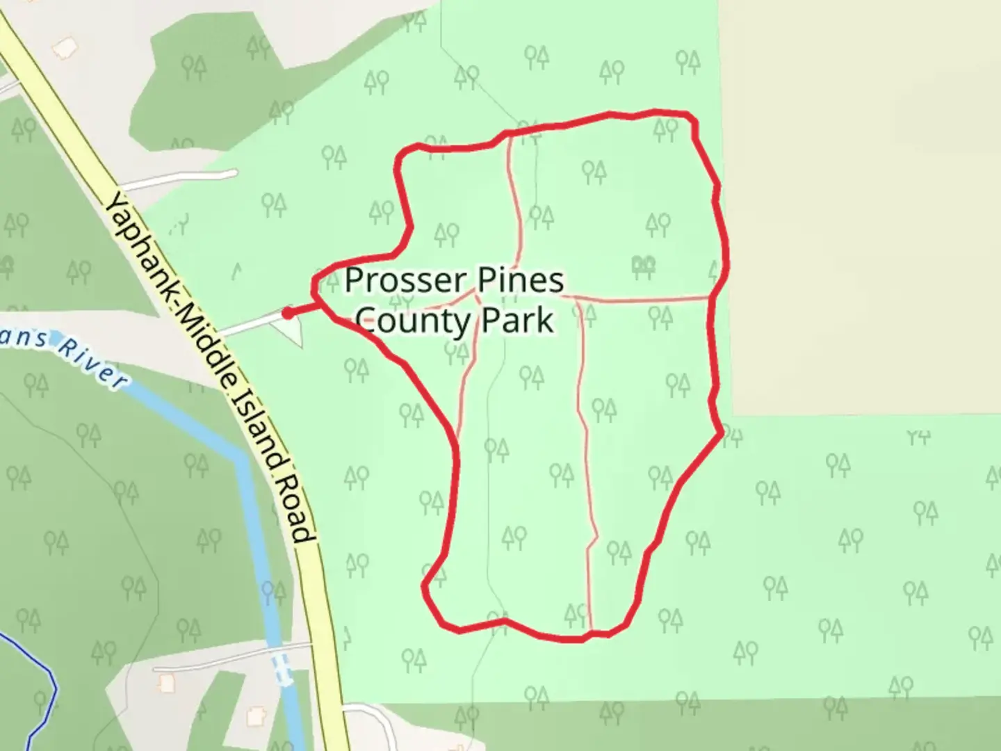 An image depicting the trail Prosser Pines Hiking Trail and its surrounding area.