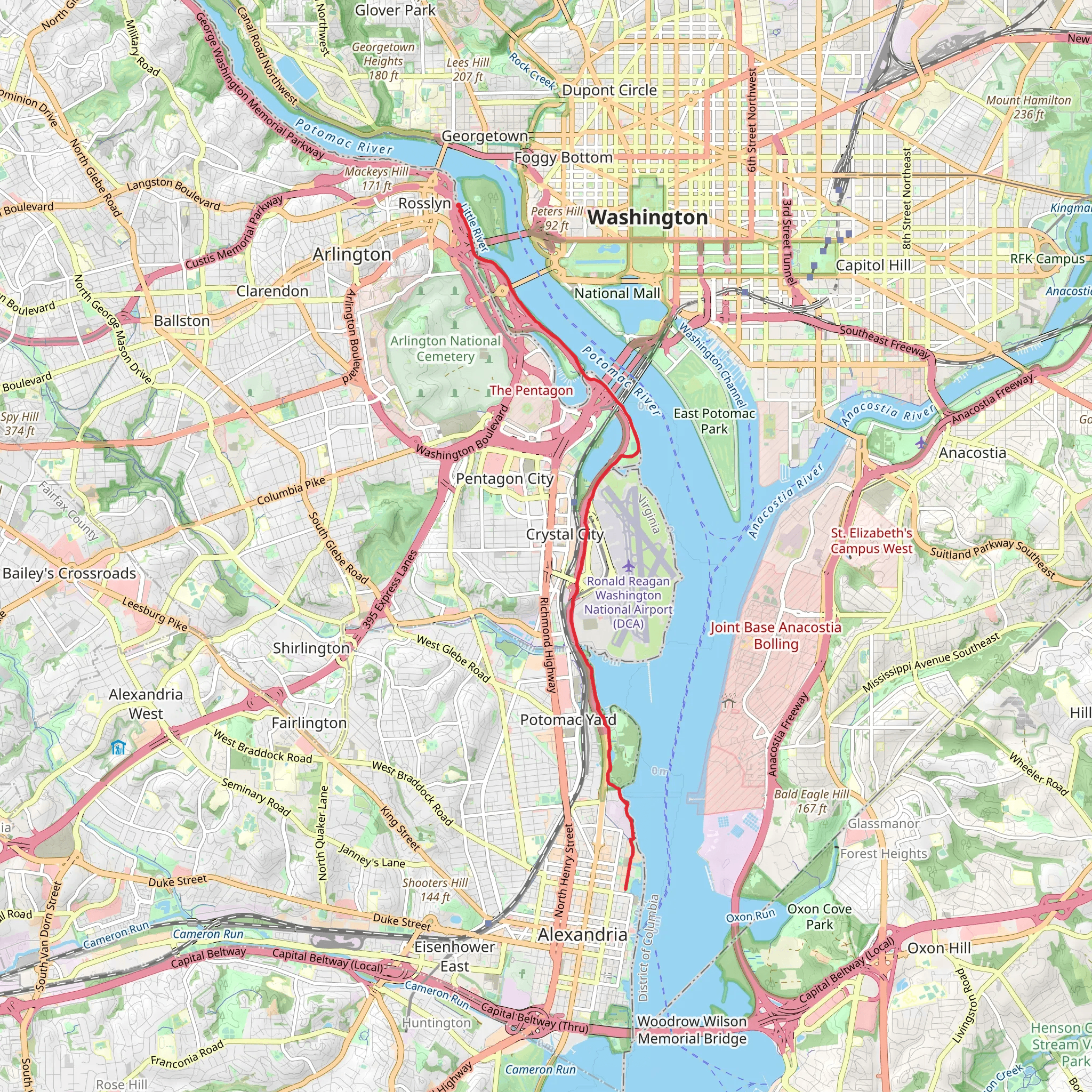 Gravelly Point Park and Tide Lock Park via Mount Vermont Trail mobile static map