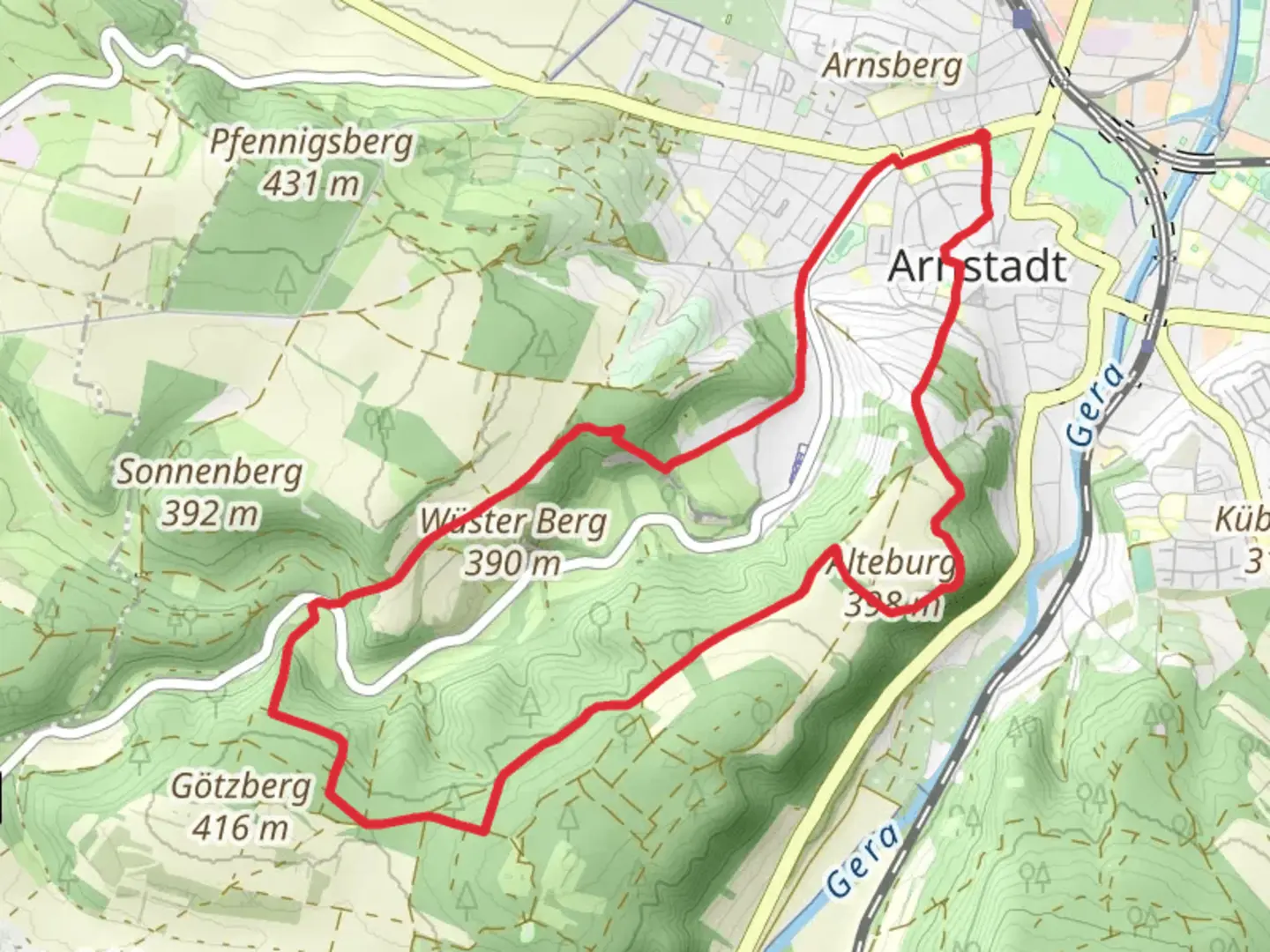 An image depicting the trail Jungfernsprung and Alteburg via Arnstadt Gossel and its surrounding area.