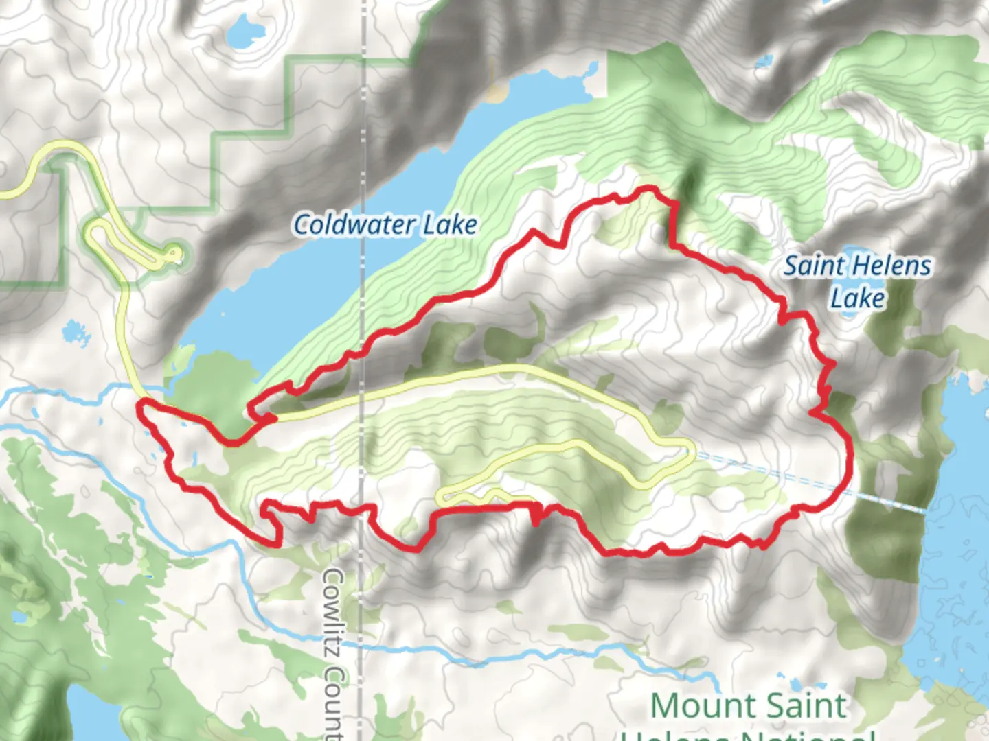 An image depicting the trail Boundary, Coldwater and Johnston Ridge Loop Trail and its surrounding area.