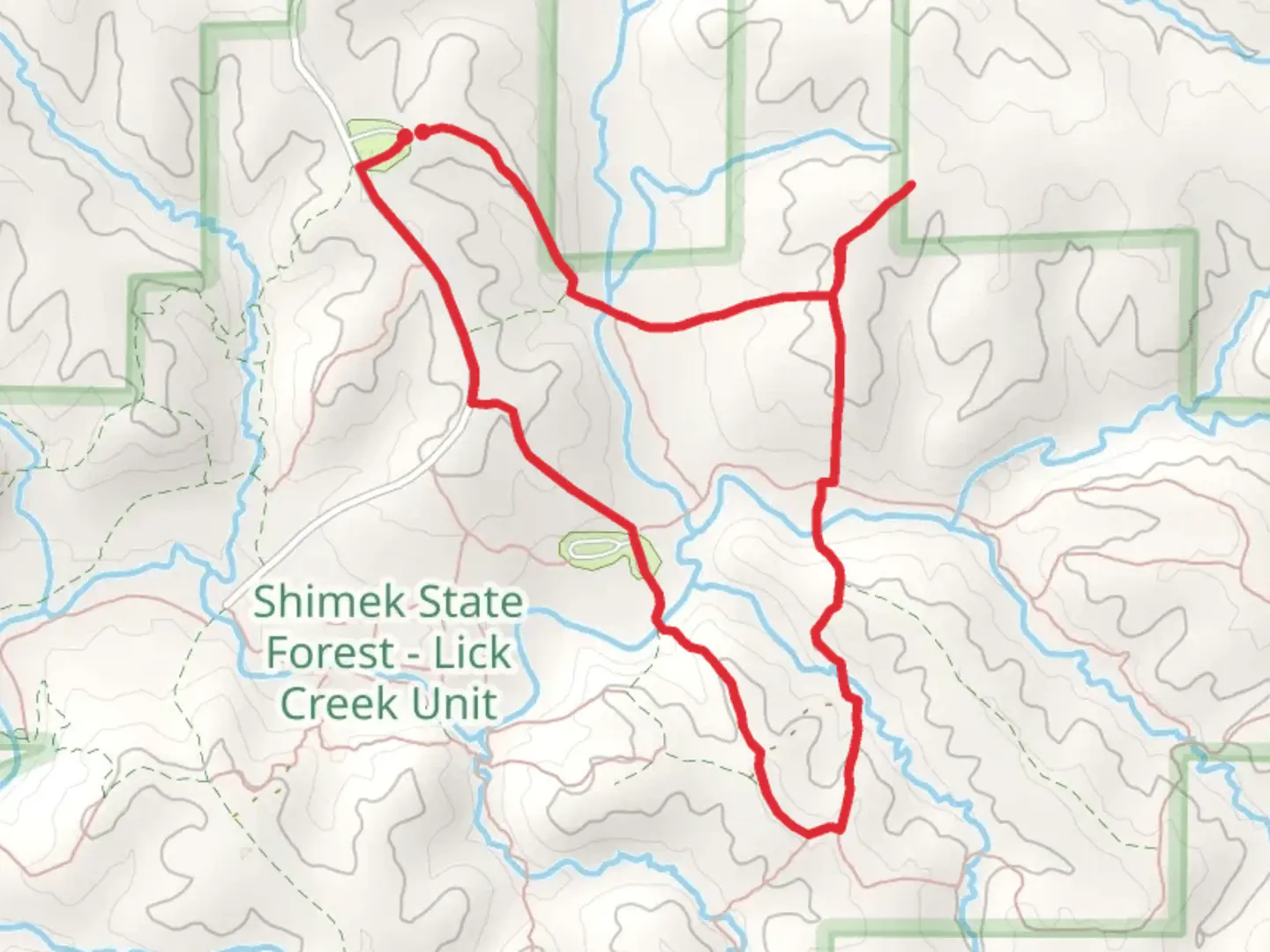 An image depicting the trail Lick Creek Loop and its surrounding area.