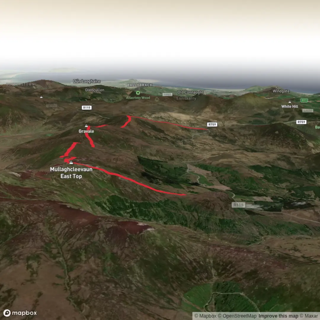 An image depicting the trail Mullaghceevaun East Top + 2 mountains with car drop and its surrounding area.