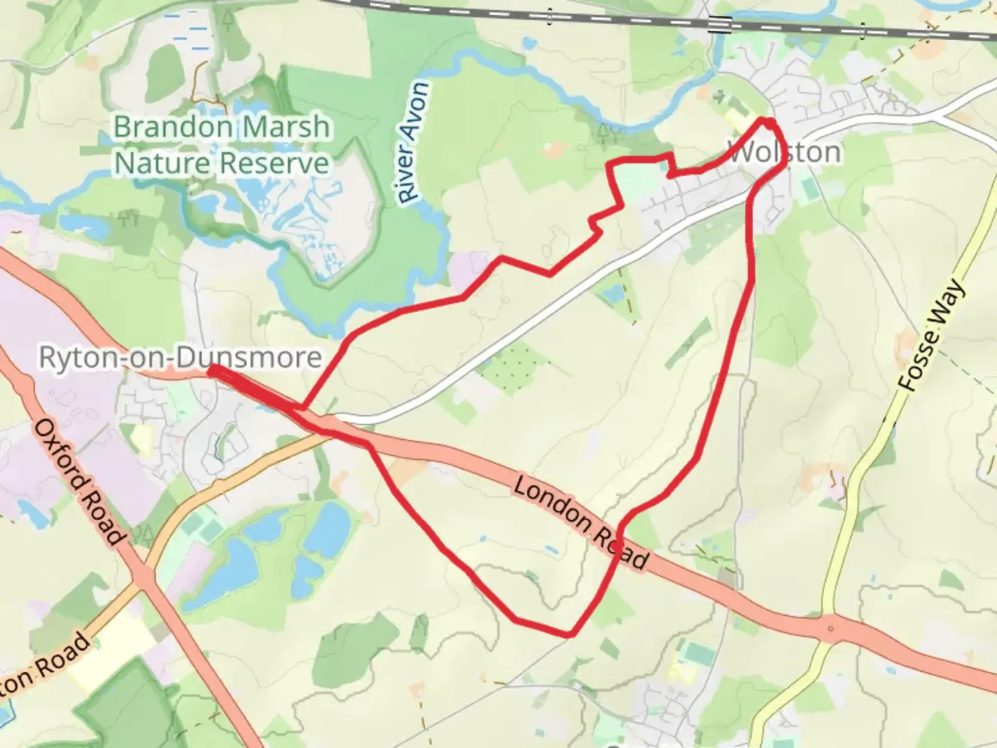 An image depicting the trail Wolston to Ryton on Dunsmore Loop and its surrounding area.