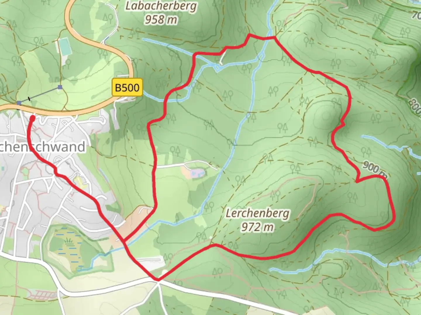 An image depicting the trail Lerchenberg Loop from Höchenschwand and its surrounding area.