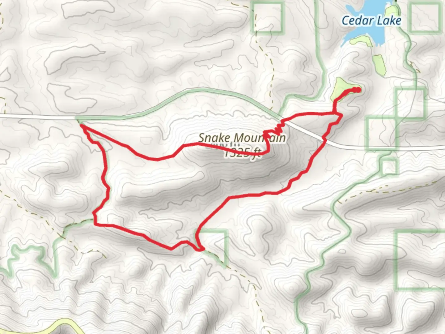 An image depicting the trail Snake Mountain Loop via Cedar Creek and its surrounding area.